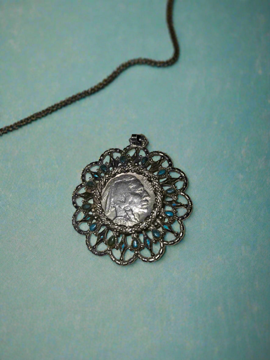 1936 Indian Buffalo Nickle Hand Crafted Silver and Turquoise Pendant