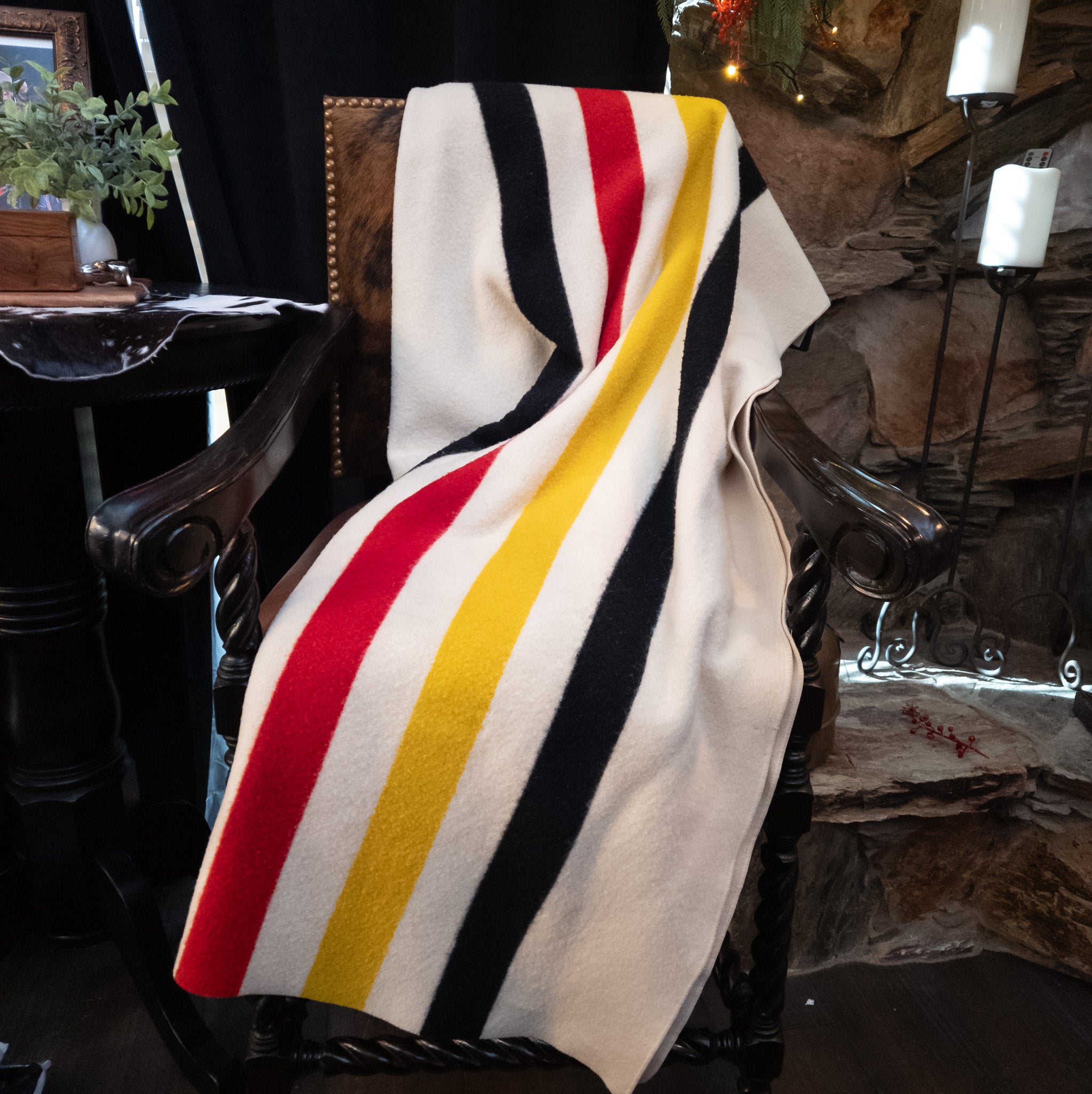 Pendleton Glacier Park Virgin Wool Blanket Cream Colored with Vibrant Black Yellow & Red Stripes