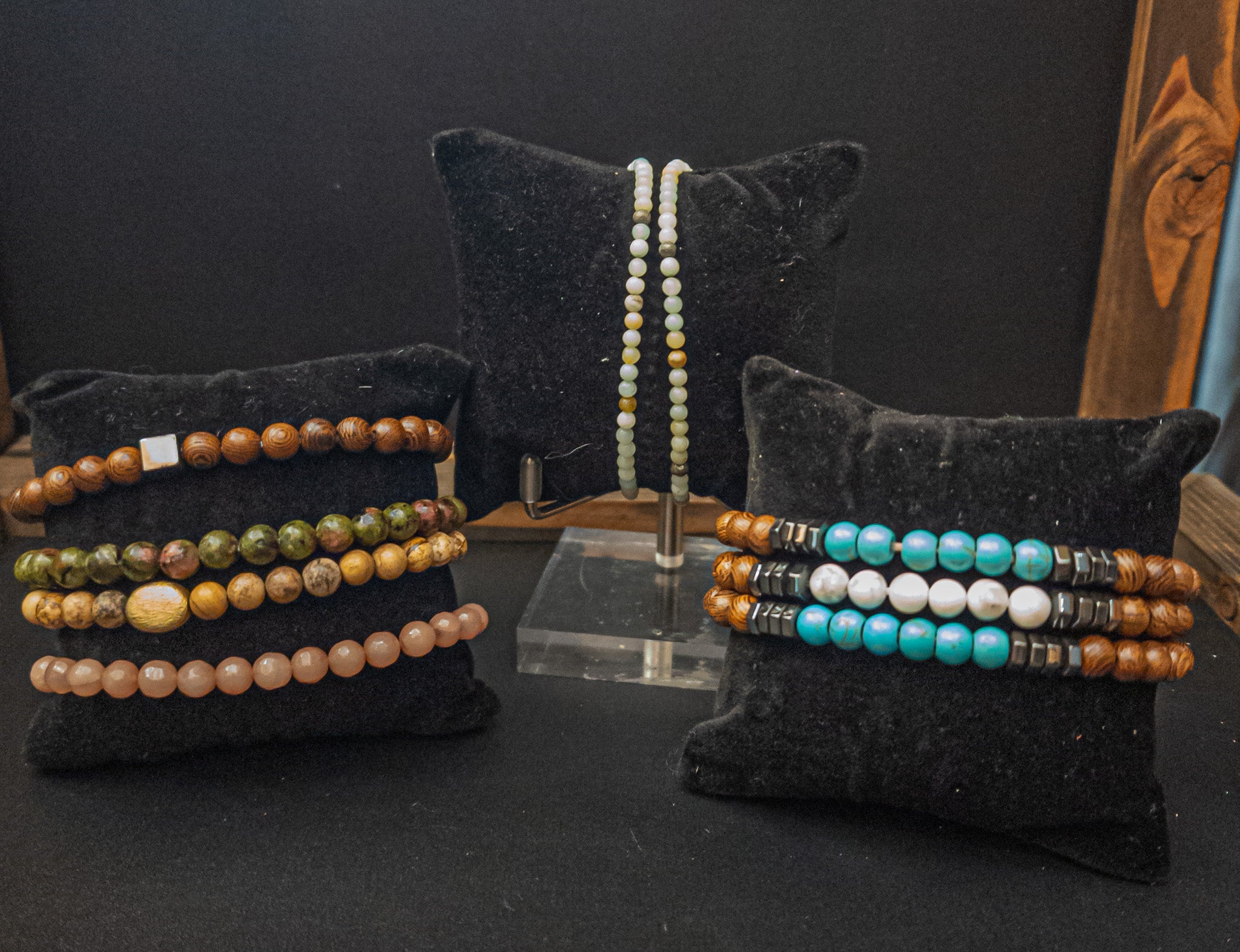 Wood, Howlite, And Hematite Beaded Stretch Bracelet