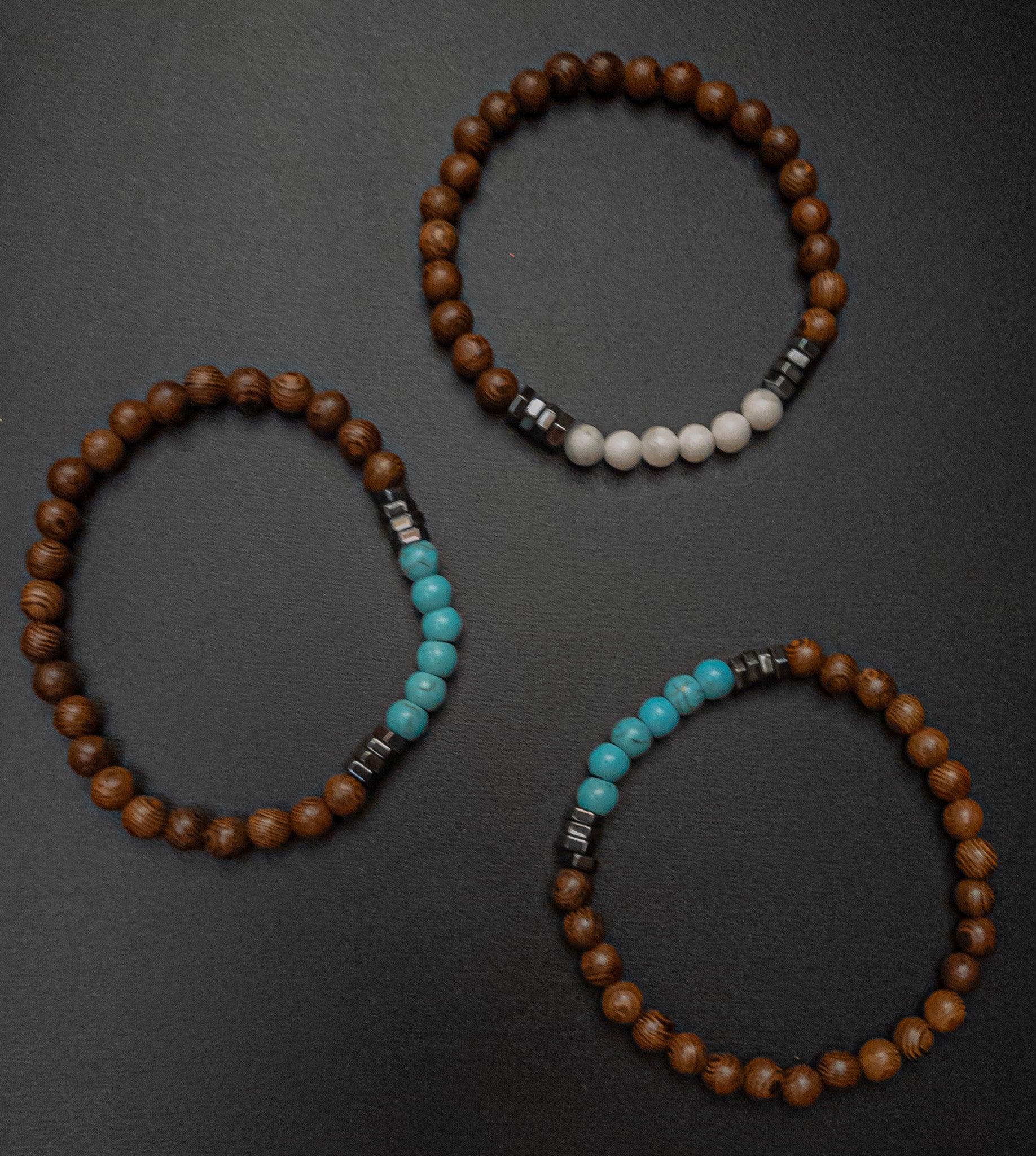 Wood, Howlite, And Hematite Beaded Stretch Bracelet