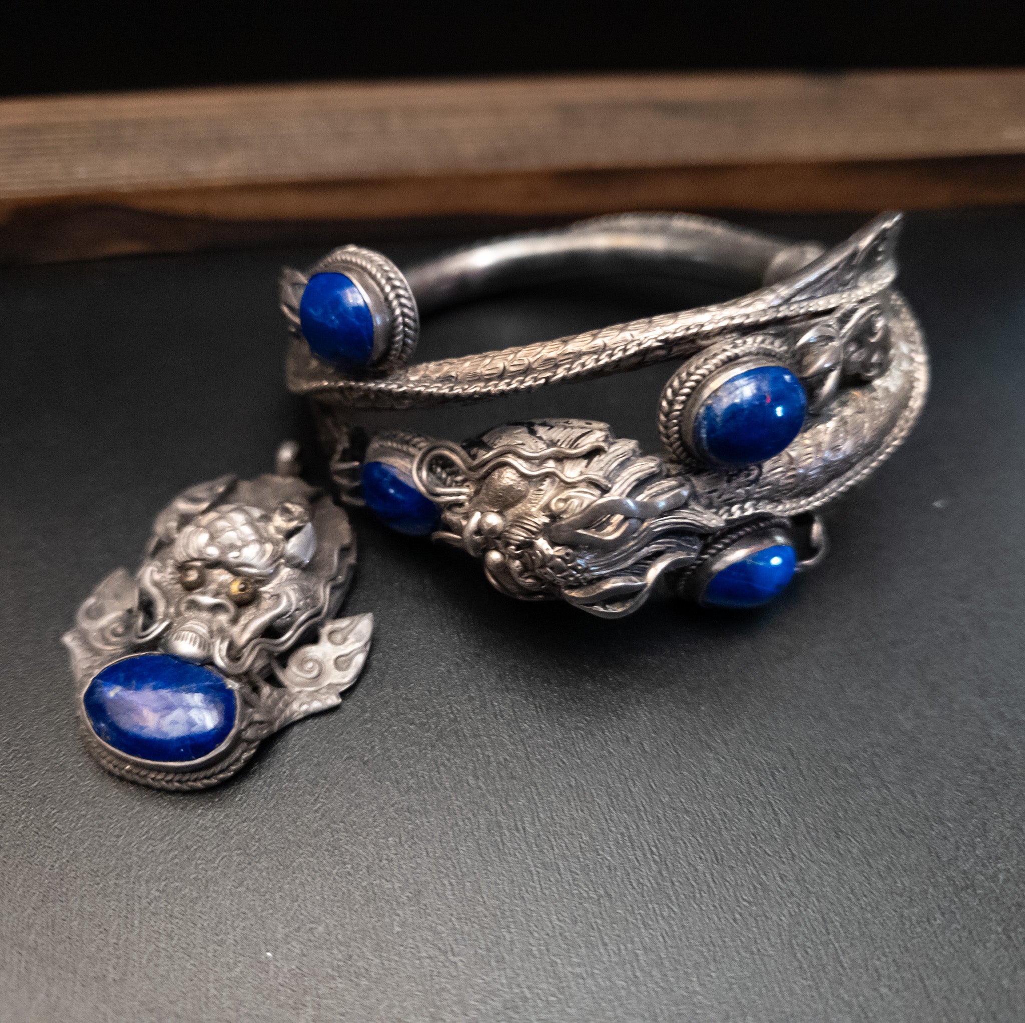 Vintage Exquisite Jewelry Set 1980's Chinese Sterling Silver Lapis Lazuli Tibetan Dragon Bracelet with a Matching Necklace Charm