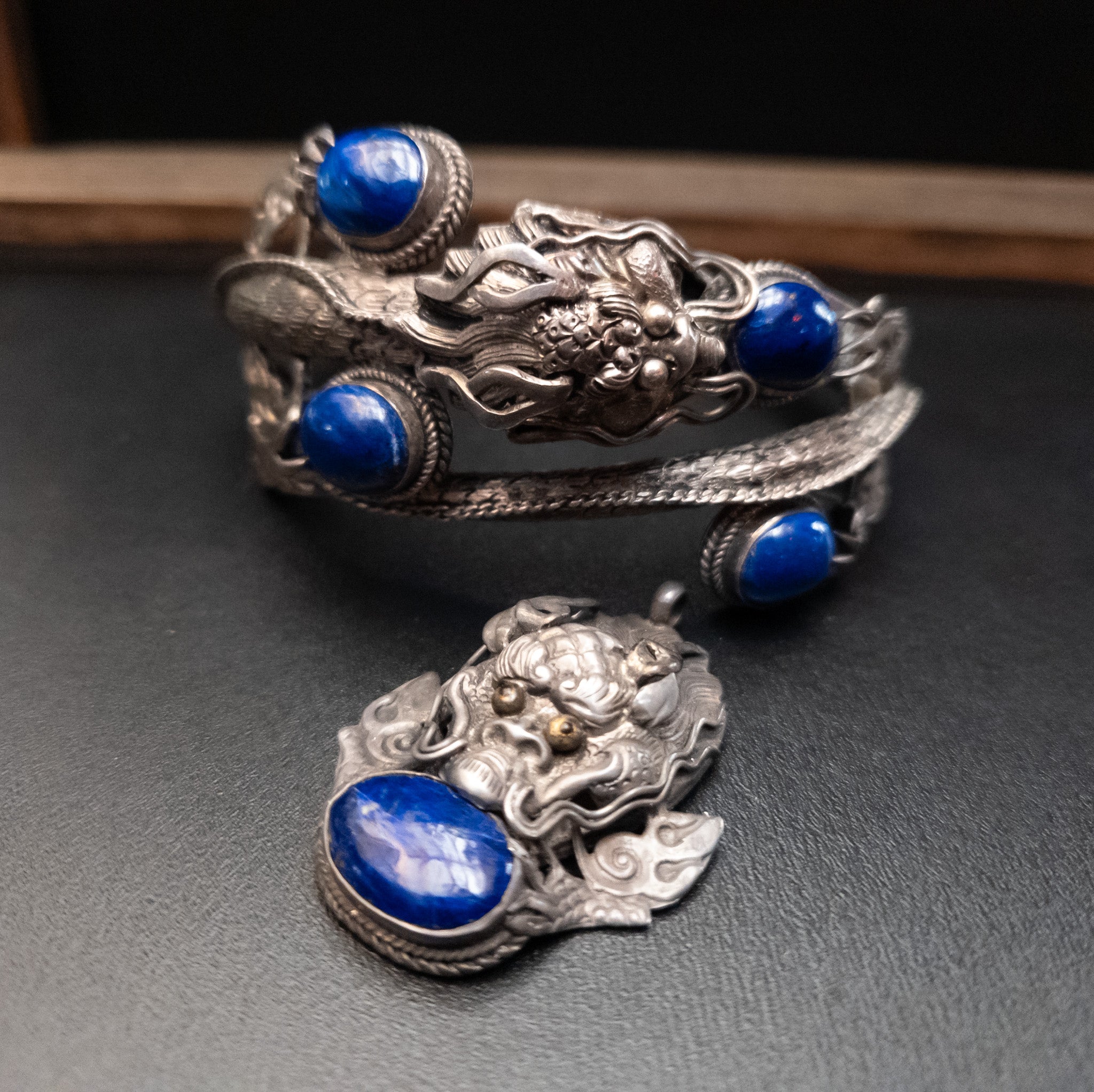 Vintage Exquisite Jewelry Set 1980's Chinese Sterling Silver Lapis Lazuli Tibetan Dragon Bracelet with a Matching Necklace Charm