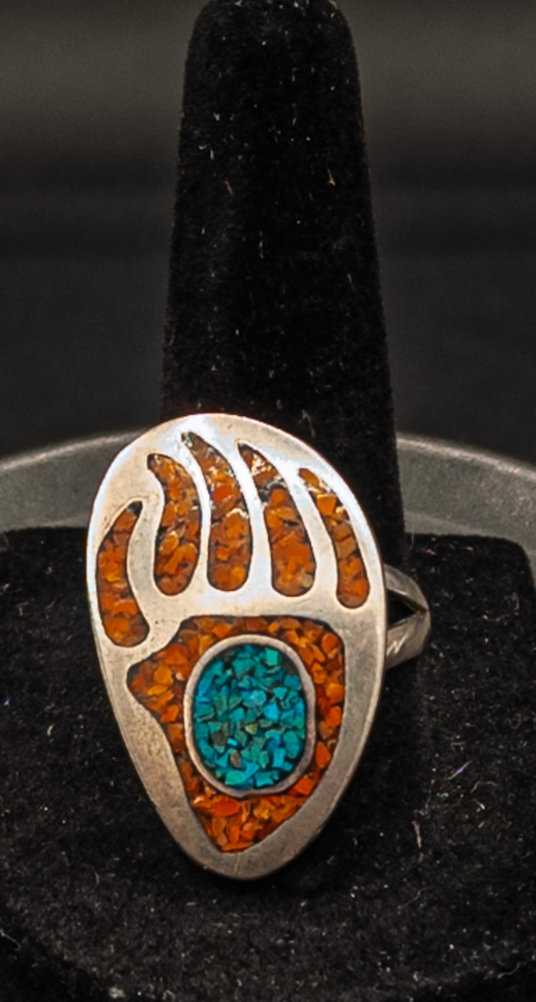 Vintage Navajo Silver Ring With Coral And Turquoise Bear Paw Size 9.5