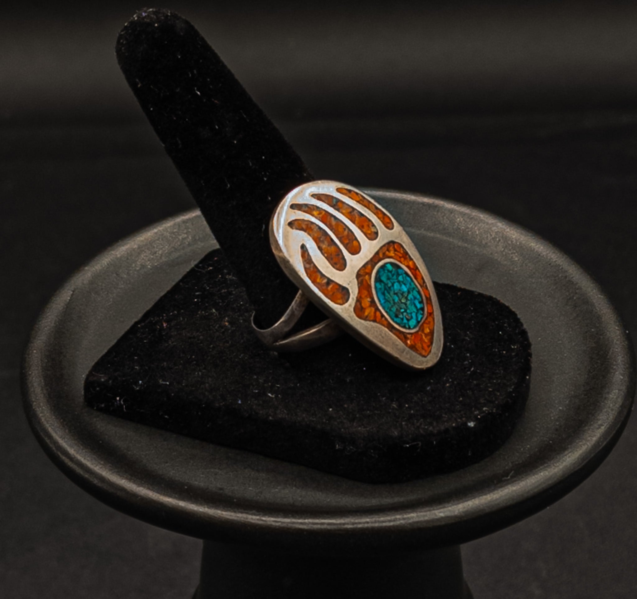 Vintage Navajo Silver Ring With Coral And Turquoise Bear Paw Size 9.5