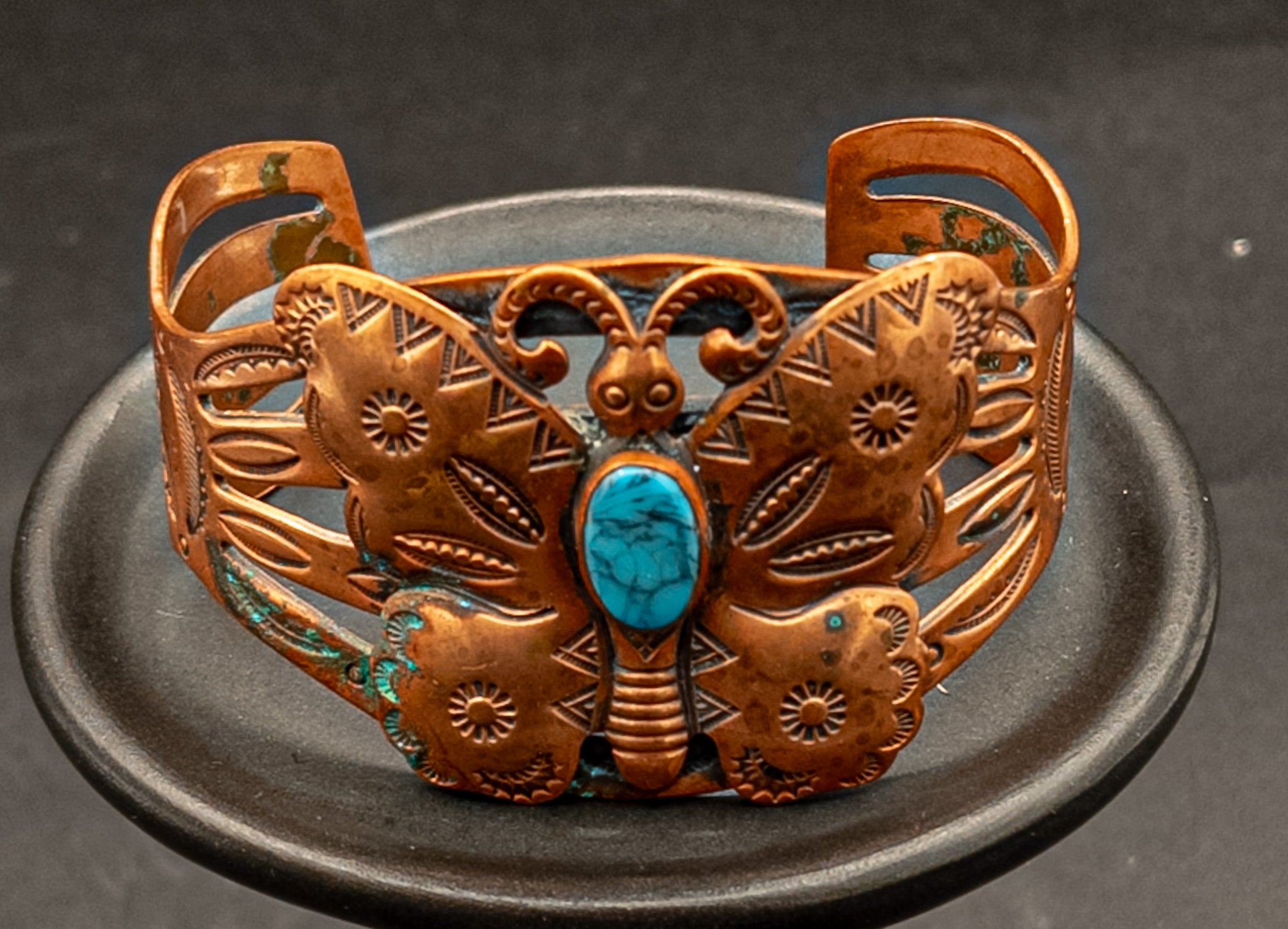 Copper Butterfly Cuff Bracelet With Faux Turquoise