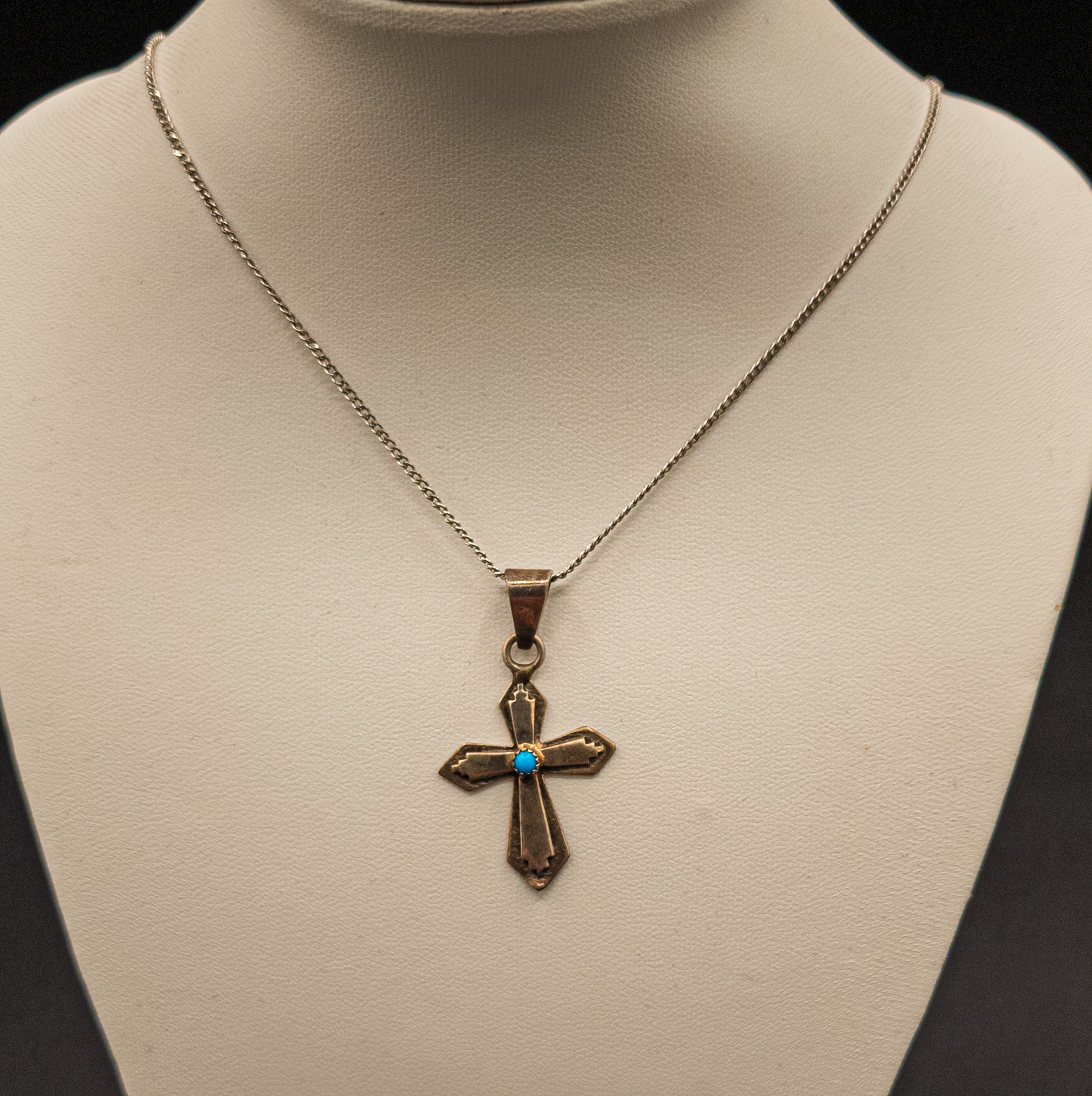 Navajo Sterling Silver Cross Necklace With Turquoise