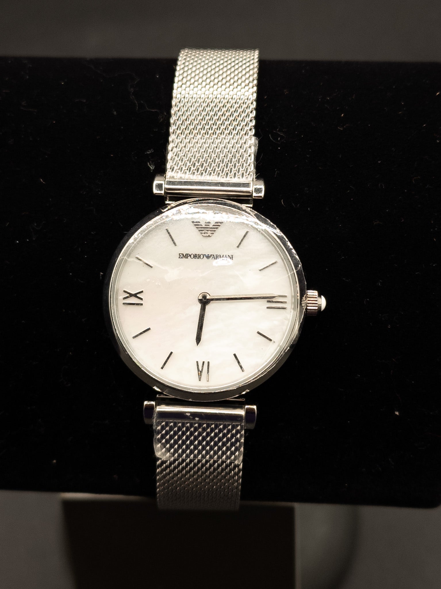 Emporio Armani Gianni T-Bar Women's Watch with Mother of Pearl Dial and Silver Stainless Steel Mesh Strap