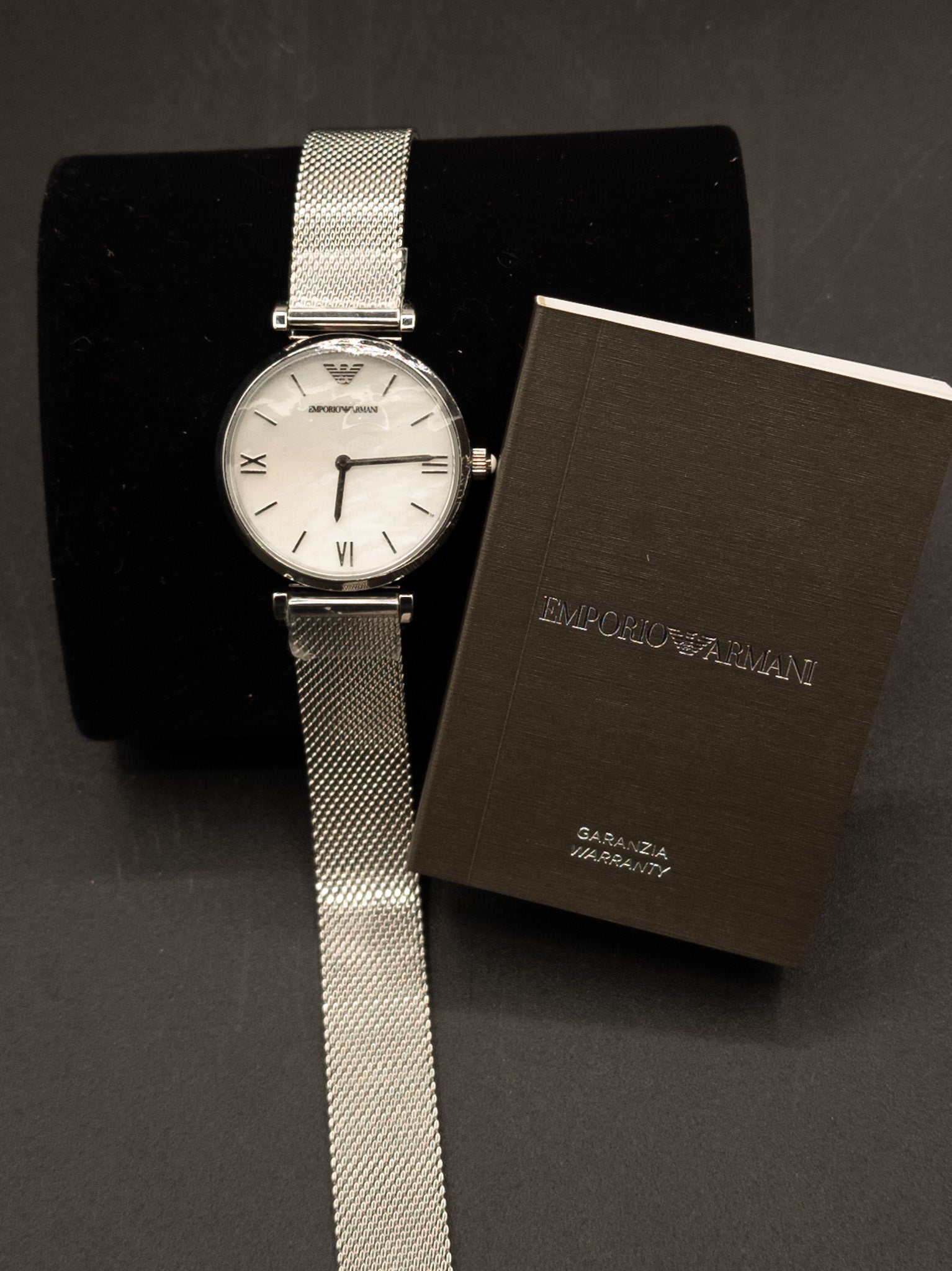 Emporio Armani Gianni T-Bar Women's Watch with Mother of Pearl Dial and Silver Stainless Steel Mesh Strap