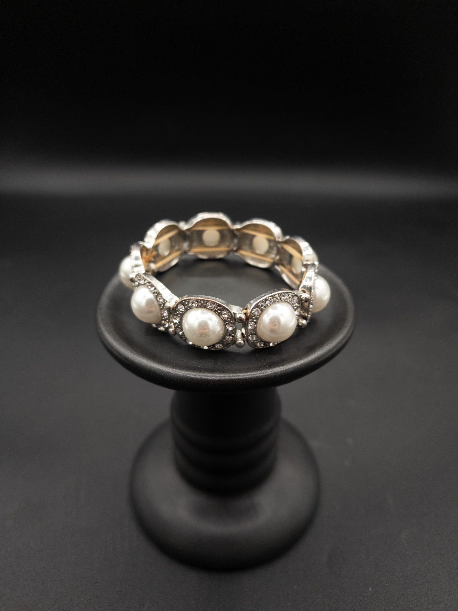 Silver Toned Stretch Bracelet With Faux Pearls And Crystals