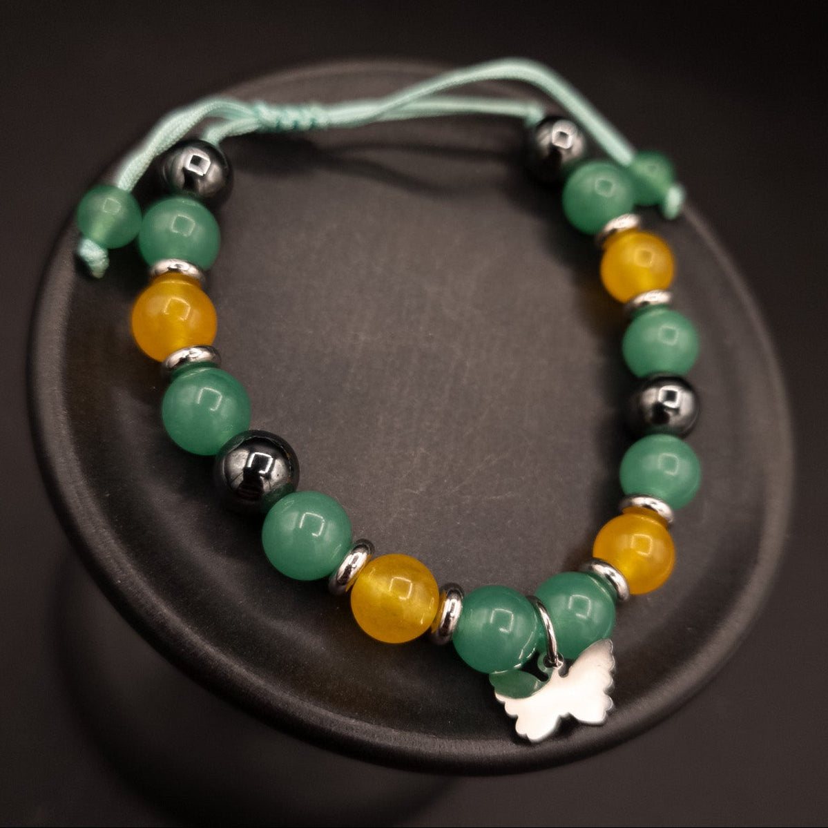 Beautiful Green Adventuring, Yellow Jade, and Hematite Adjustable Bracelet with Butterfly Charm