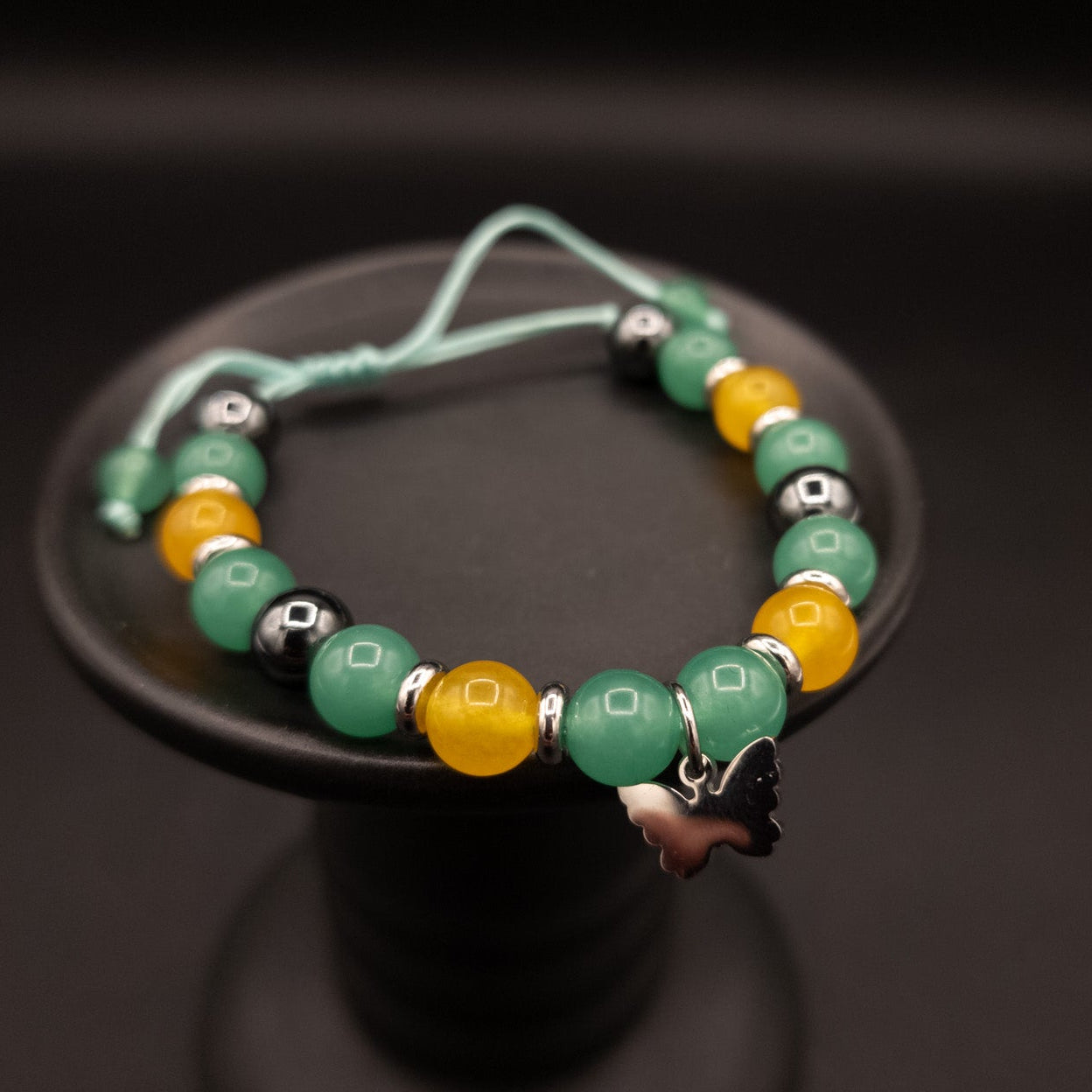 Beautiful Green Adventuring, Yellow Jade, and Hematite Adjustable Bracelet with Butterfly Charm