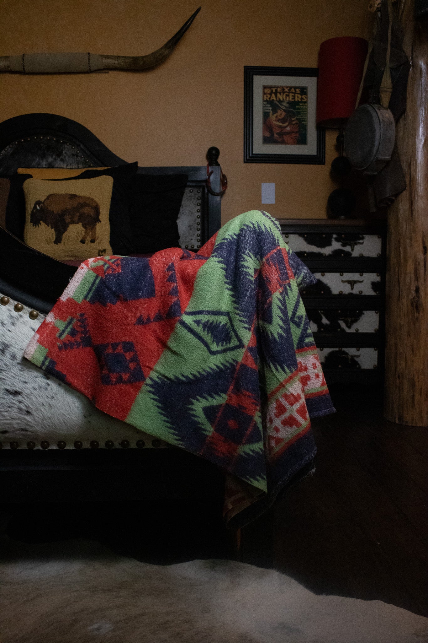 Vintage Aztec Blanket Red, Navy Blue, Green and Black  7ft x 6ft