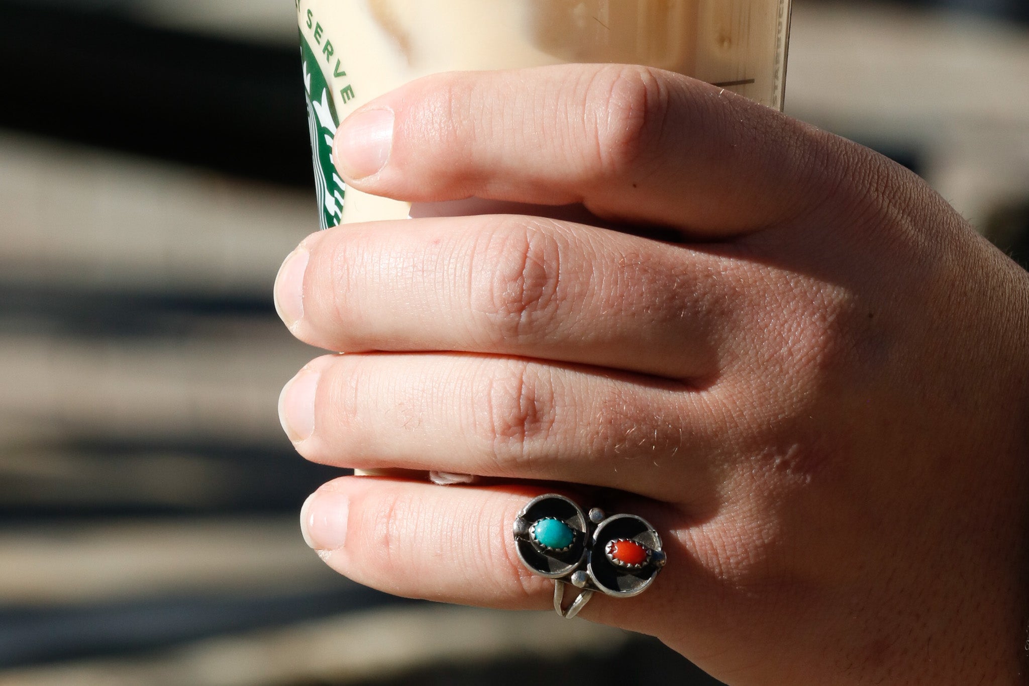 Turquoise and Coral Gemstones embedded in Sterling Silver Boarders Size 8