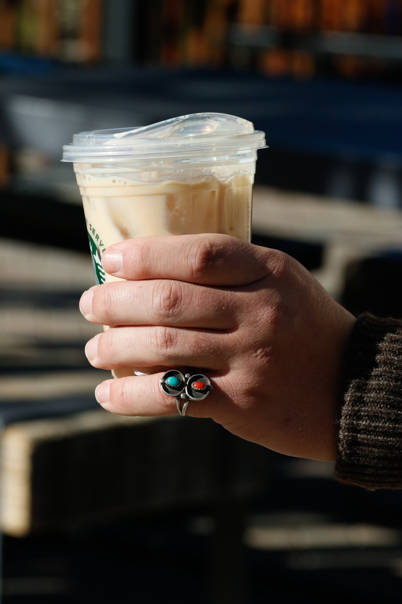 Turquoise and Coral Gemstones embedded in Sterling Silver Boarders Size 8
