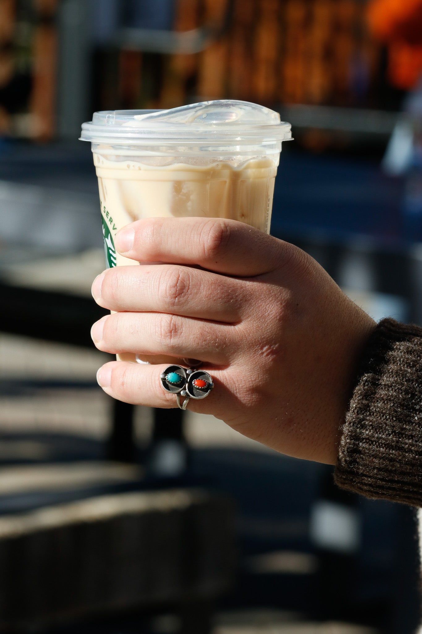 Turquoise and Coral Gemstones embedded in Sterling Silver Boarders Size 8