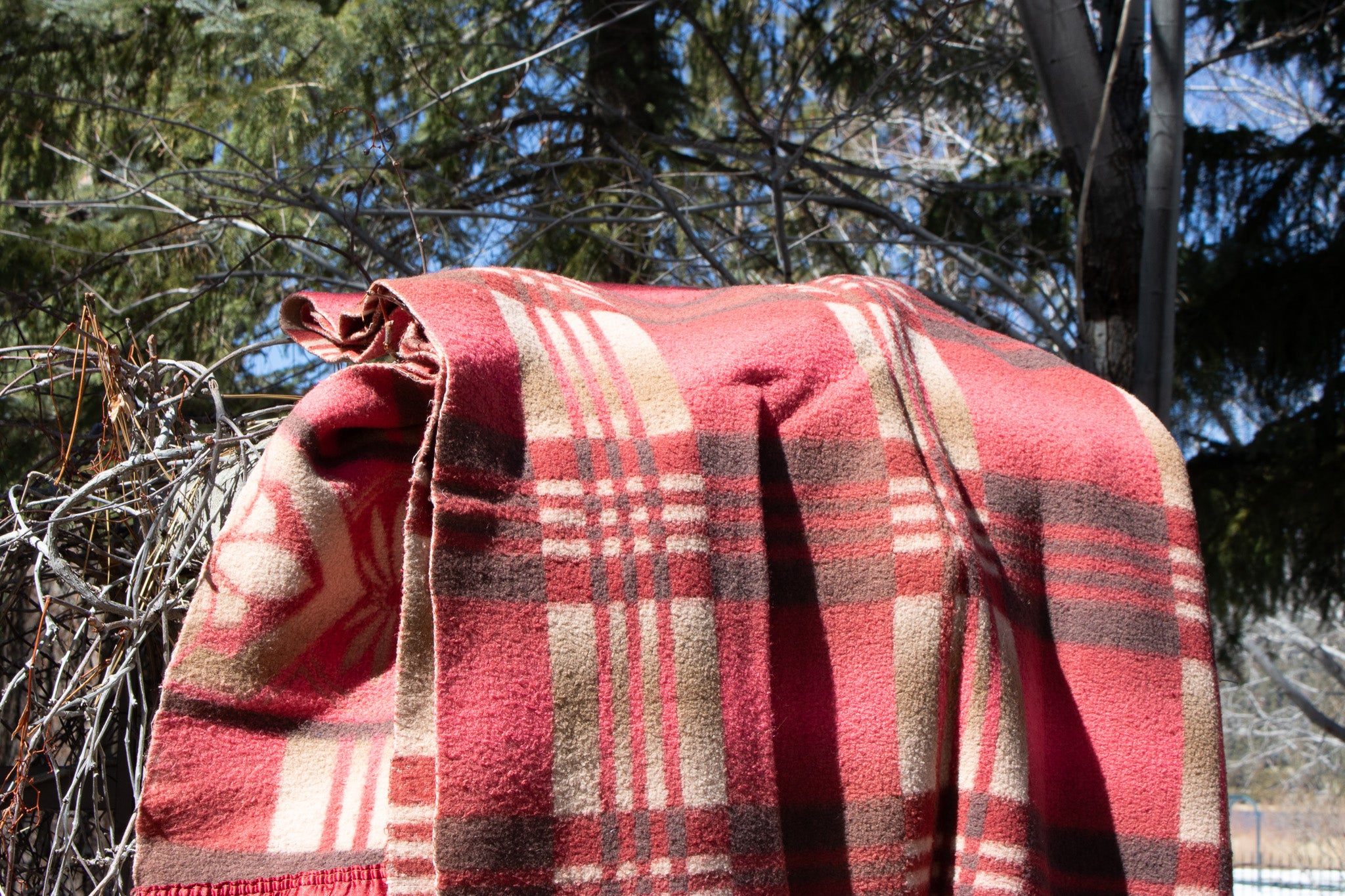 Vintage Red Tan Brown Blanket 6ft Red Ribbon Trimmed
