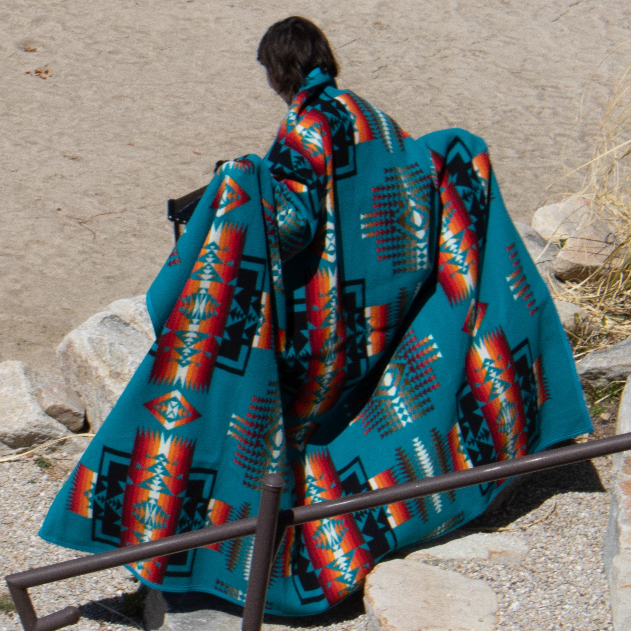 Pendleton Beaver State Blanket Featuring Bold Teal Blue with Warm Reds and Oranges