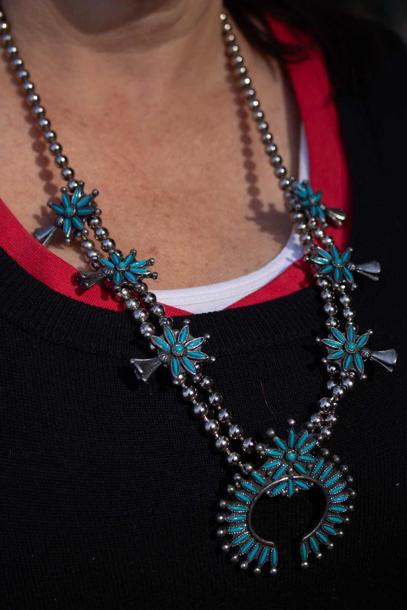 Navajo Laiwakete Zuni Pewter Turquoise Needlepoint Squash Blossom Necklace