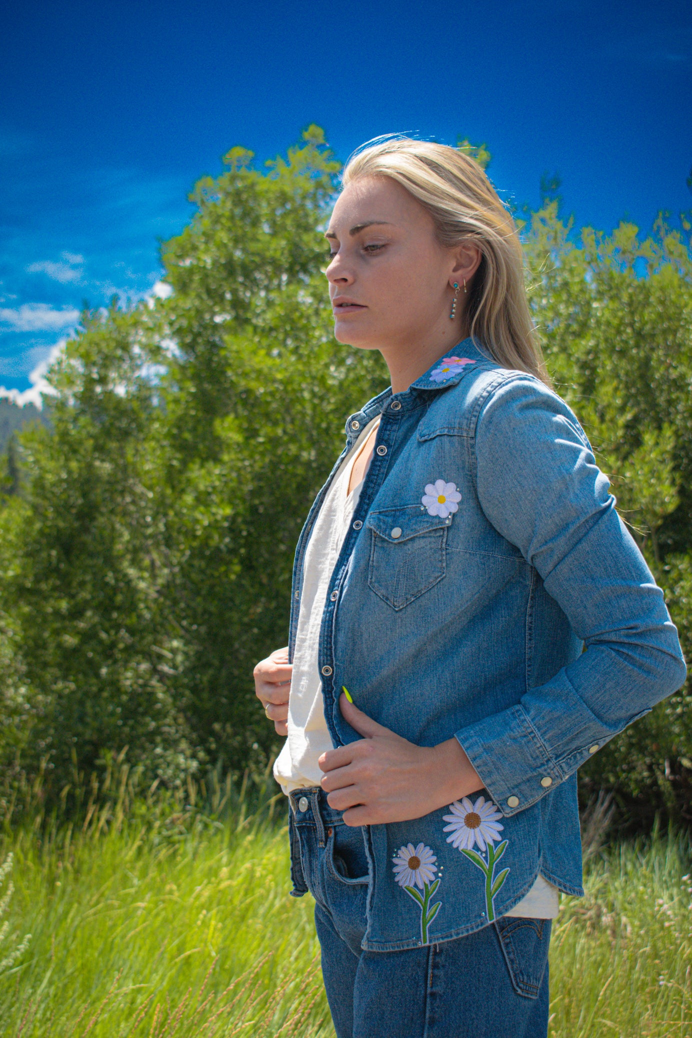 Western Distressed Denim White Pearly Buttons