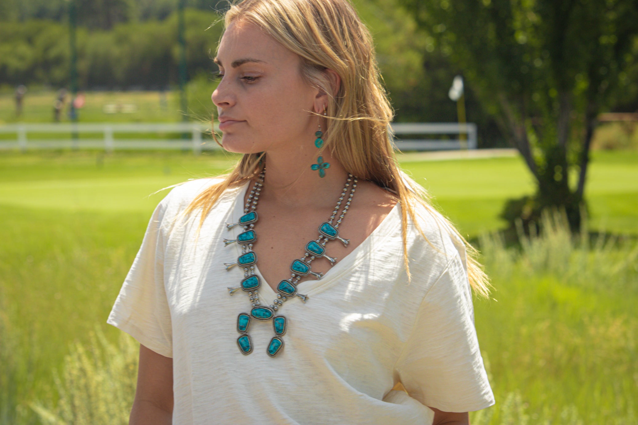 Vintage Pewter Faux Turquoise Squash Blossom Necklace