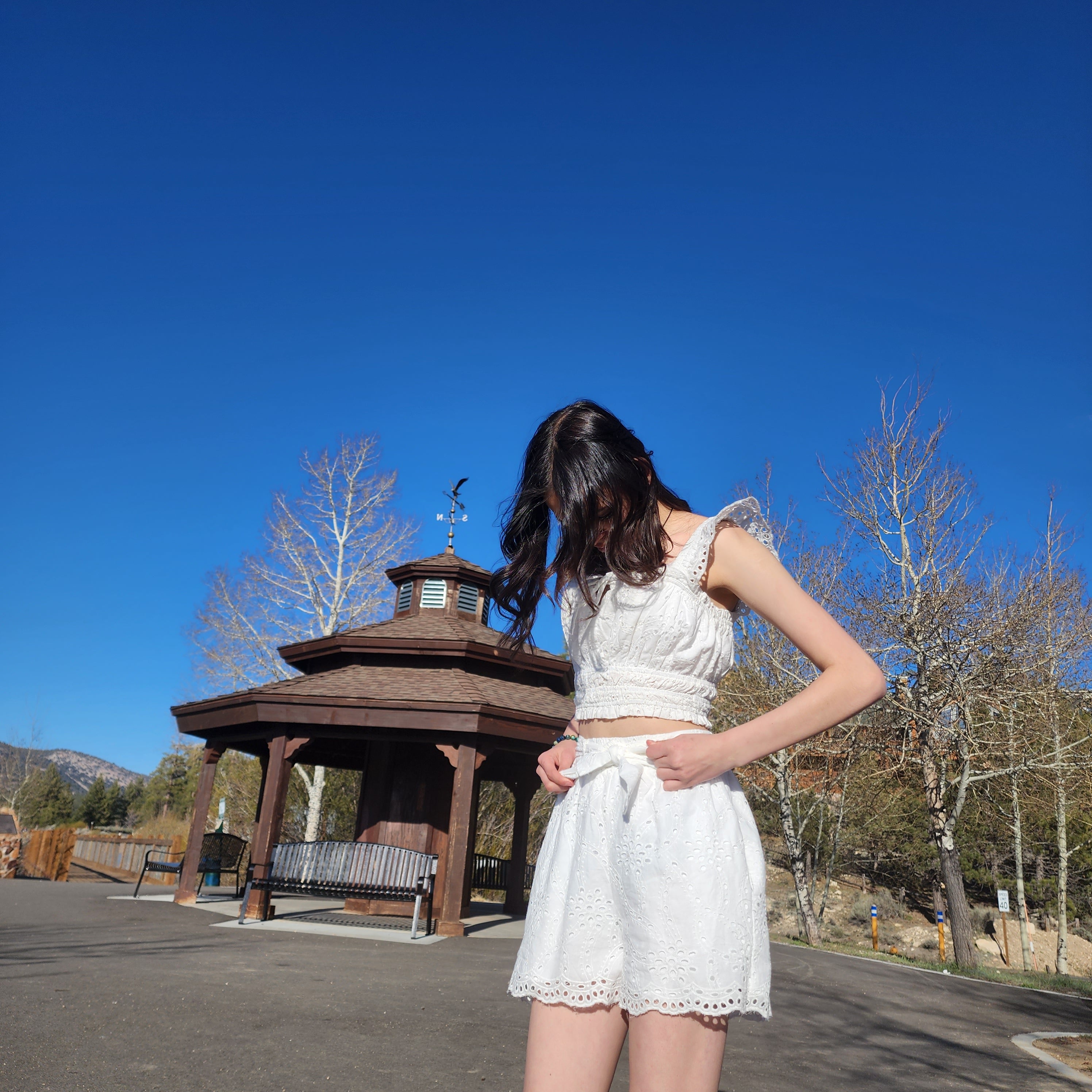 Monteau Los Angeles Set White Eyelet Shorts with Tie and Matching Eyelet Smocked Cropped Blouse Size Small