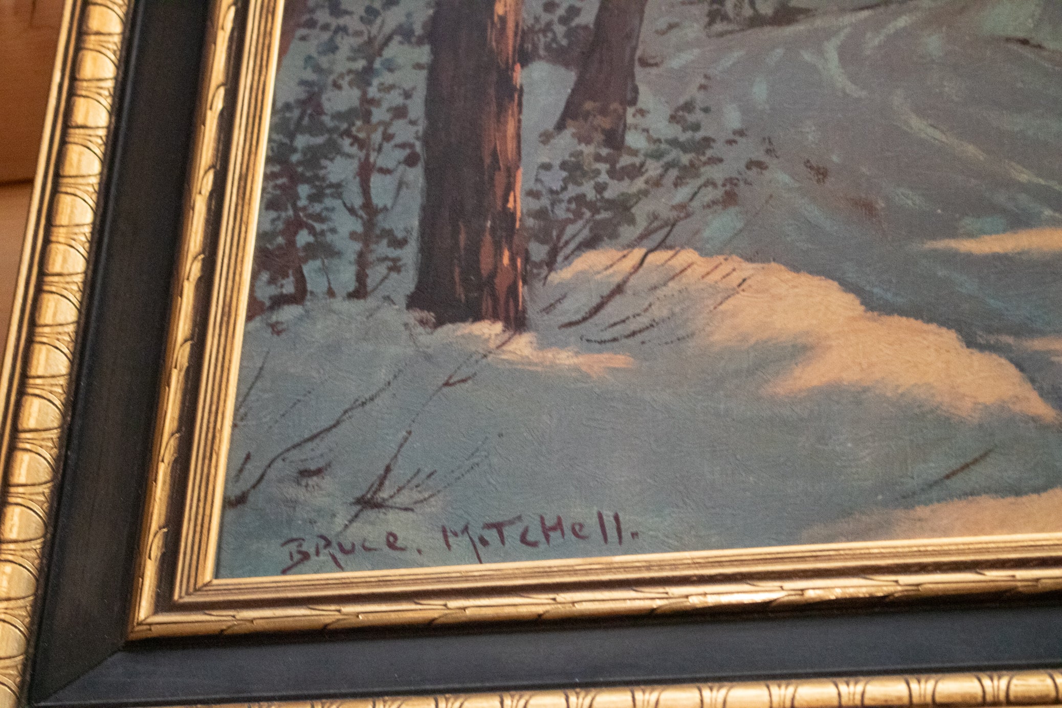 Framed Signed  Bruce Mitchell "Winter Retreat" Landscape Cabin in the Woods Painting