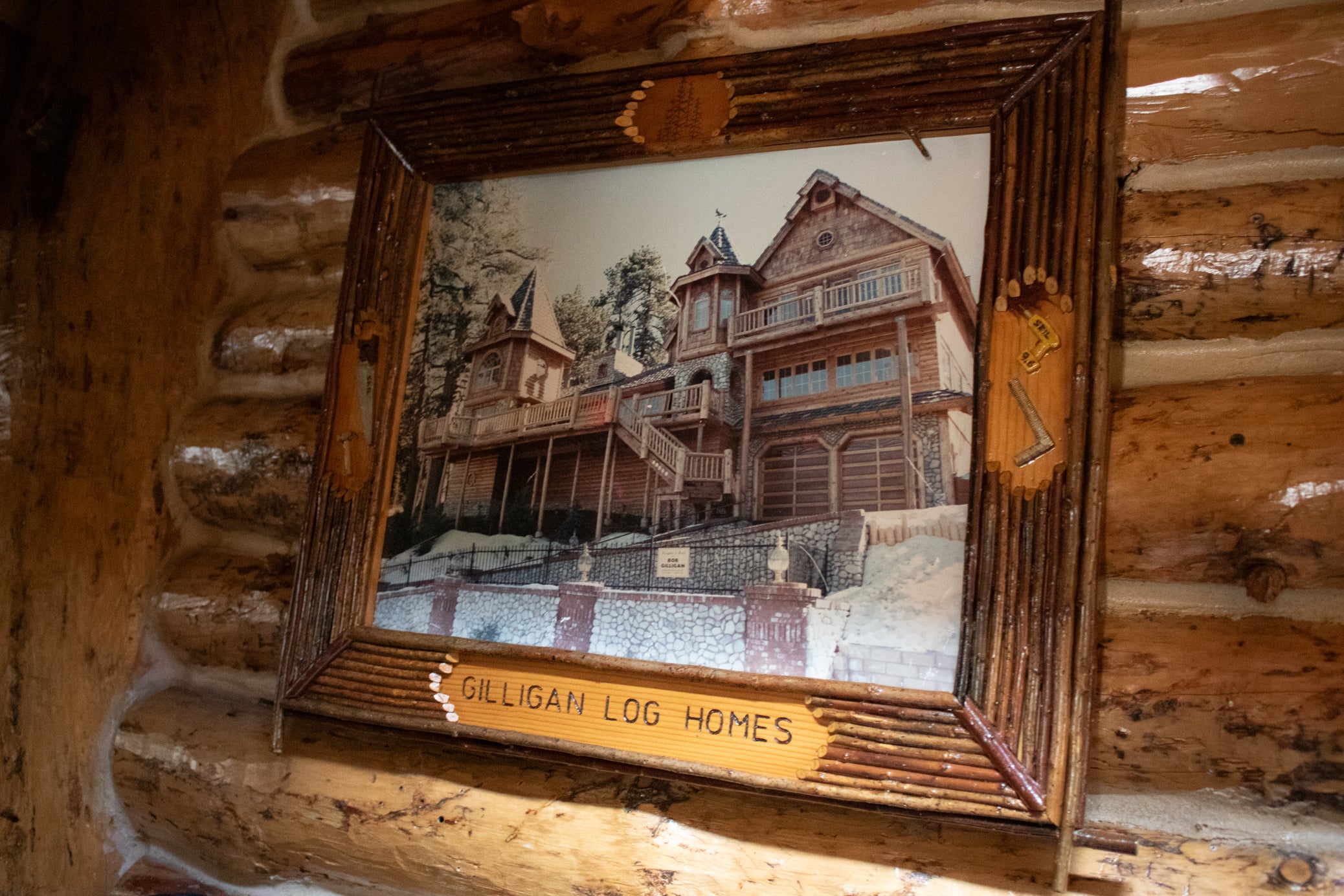 Framed Photo of Gilligan Log Home with Custom Tool Detailed Frame
