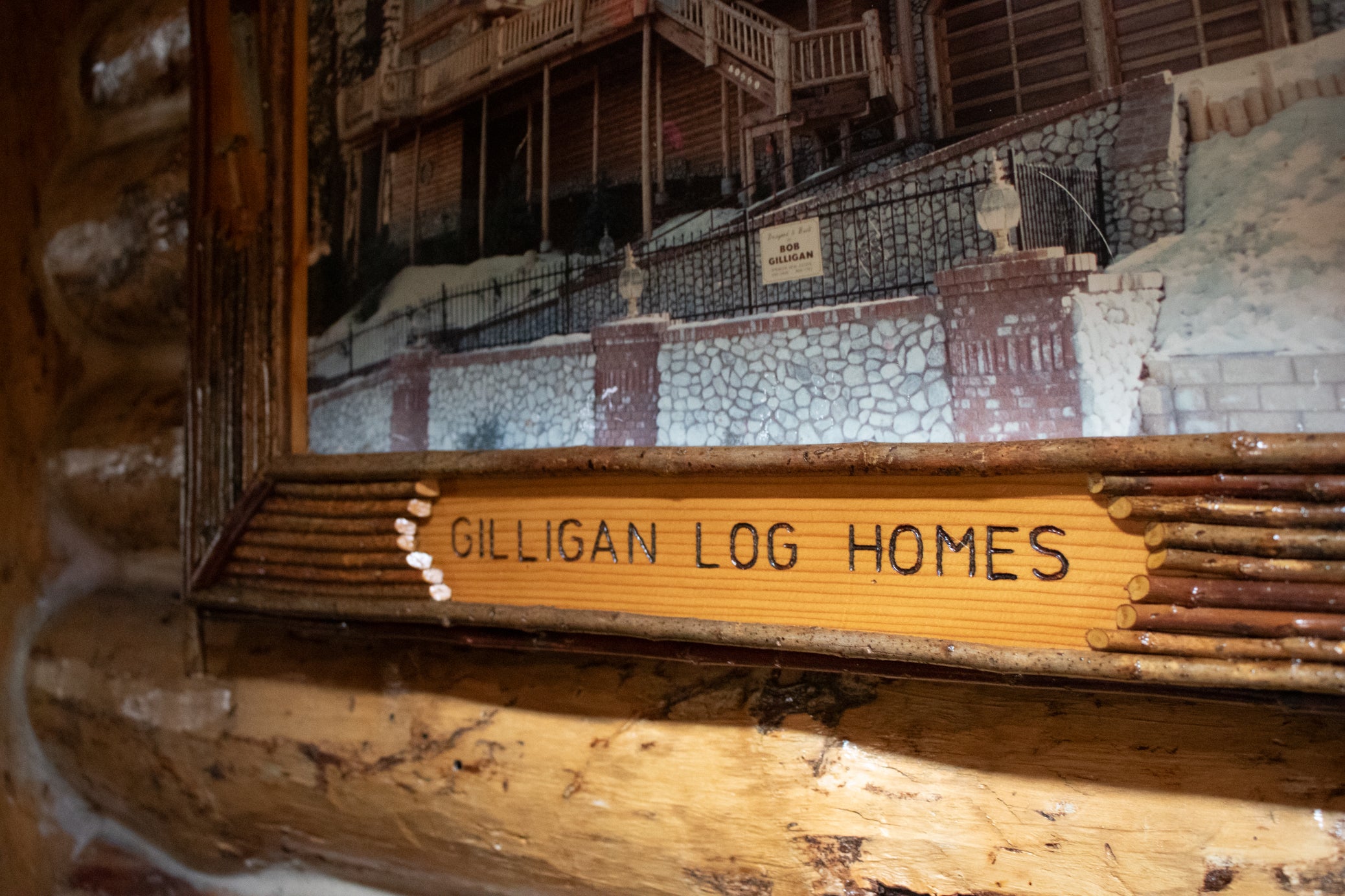 Framed Photo of Gilligan Log Home with Custom Tool Detailed Frame