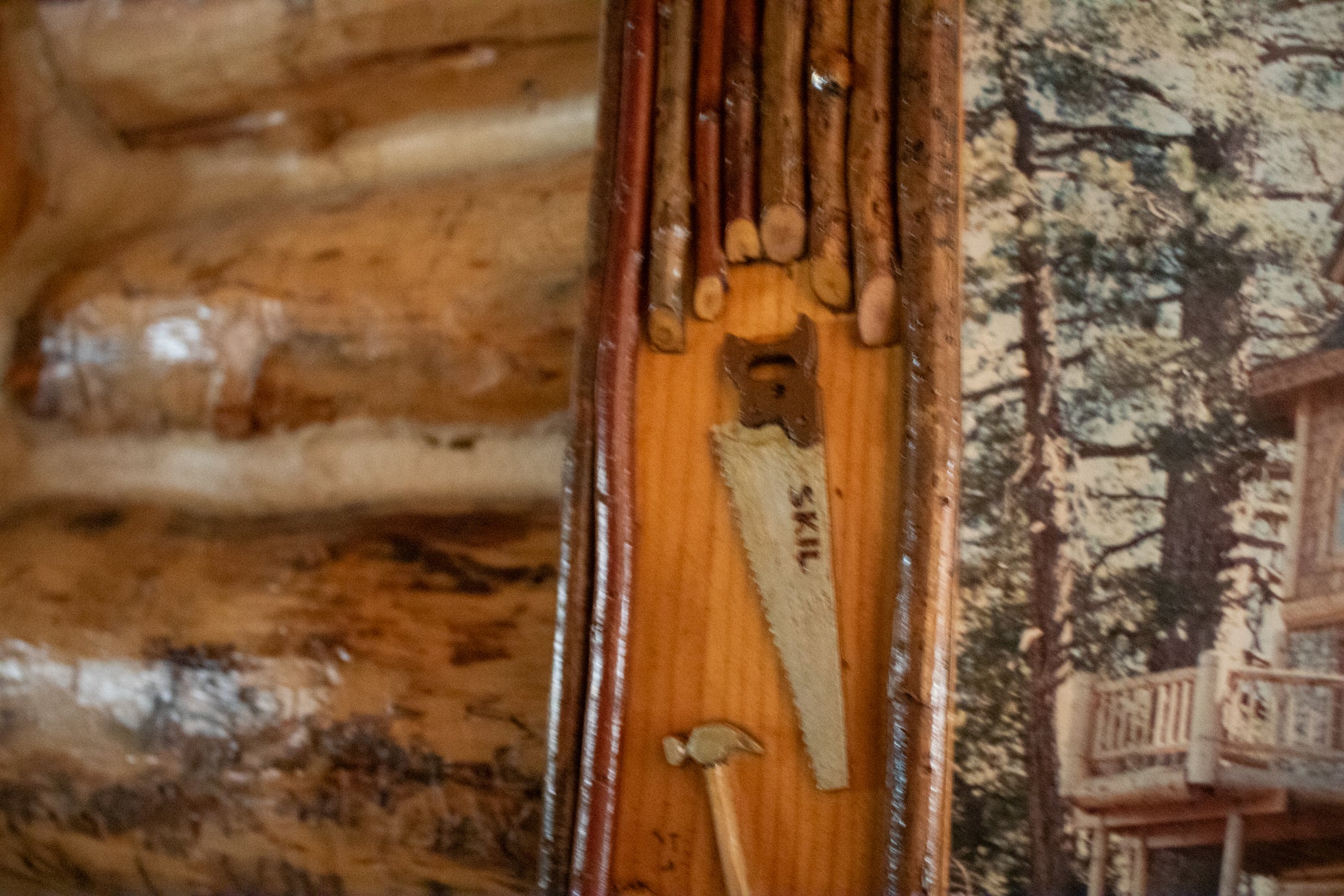 Framed Photo of Gilligan Log Home with Custom Tool Detailed Frame