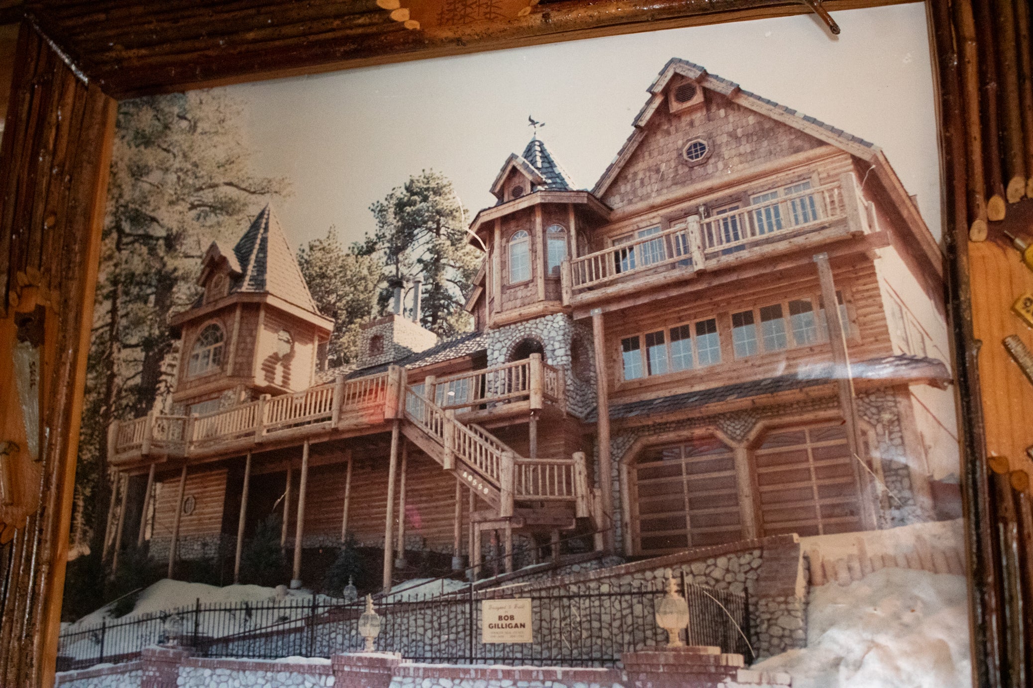 Framed Photo of Gilligan Log Home with Custom Tool Detailed Frame
