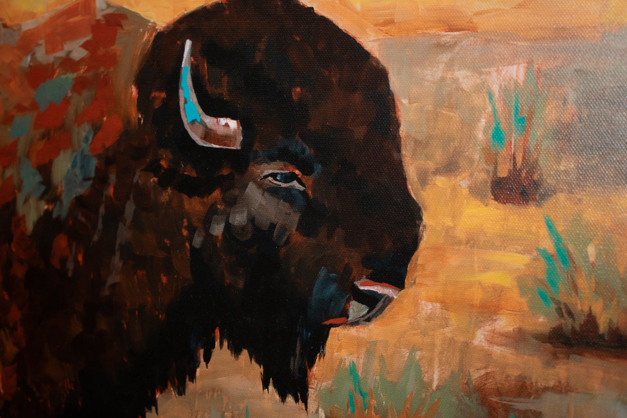 Custom White Solid Wood Framed Canvas Transfer Print of Buffalo at the Ridge