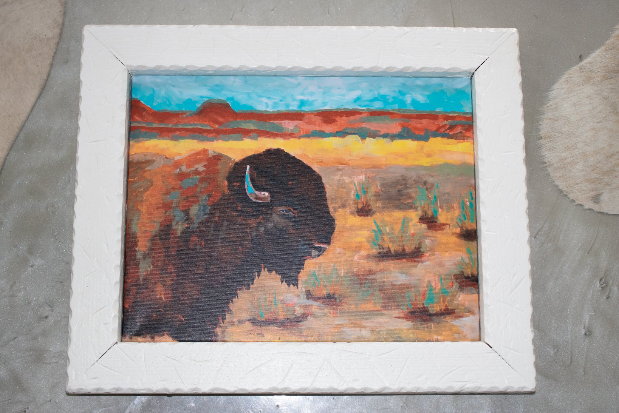 Custom White Solid Wood Framed Canvas Transfer Print of Buffalo at the Ridge