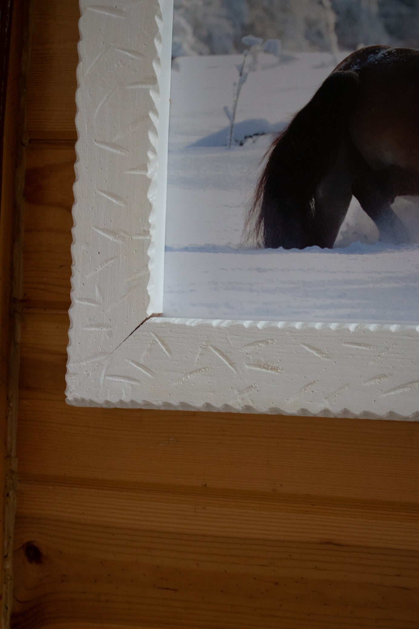 Beautifully Custom Made Frame canvas transfer featuring  a Majestic Horse frolicking off through the Snow Covered Landscape