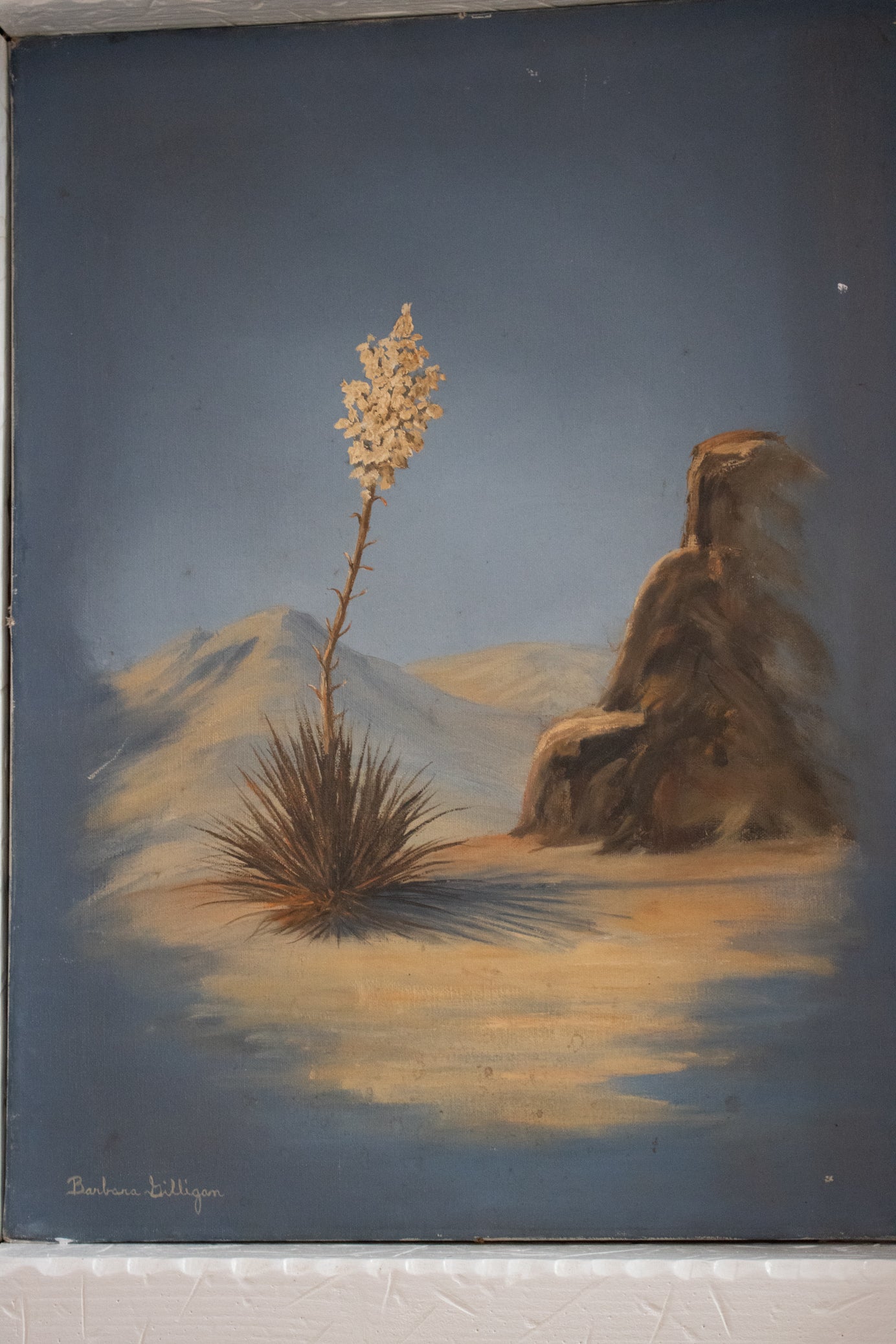 Southwestern Original Vintage Desert Landscape Painting by Barbara Gilligan "Blooming Yucca"