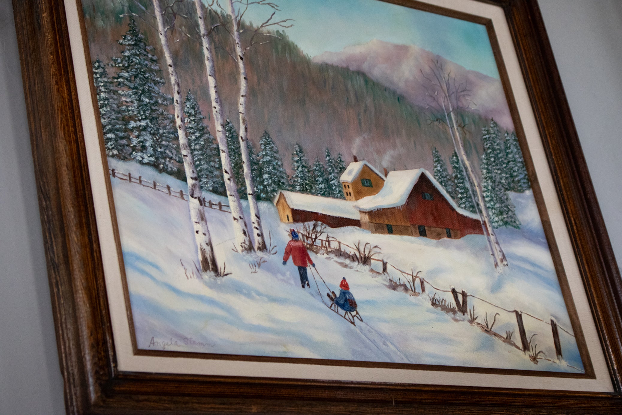 Hand Painted Art Kids Headed Home From Snow Sledding