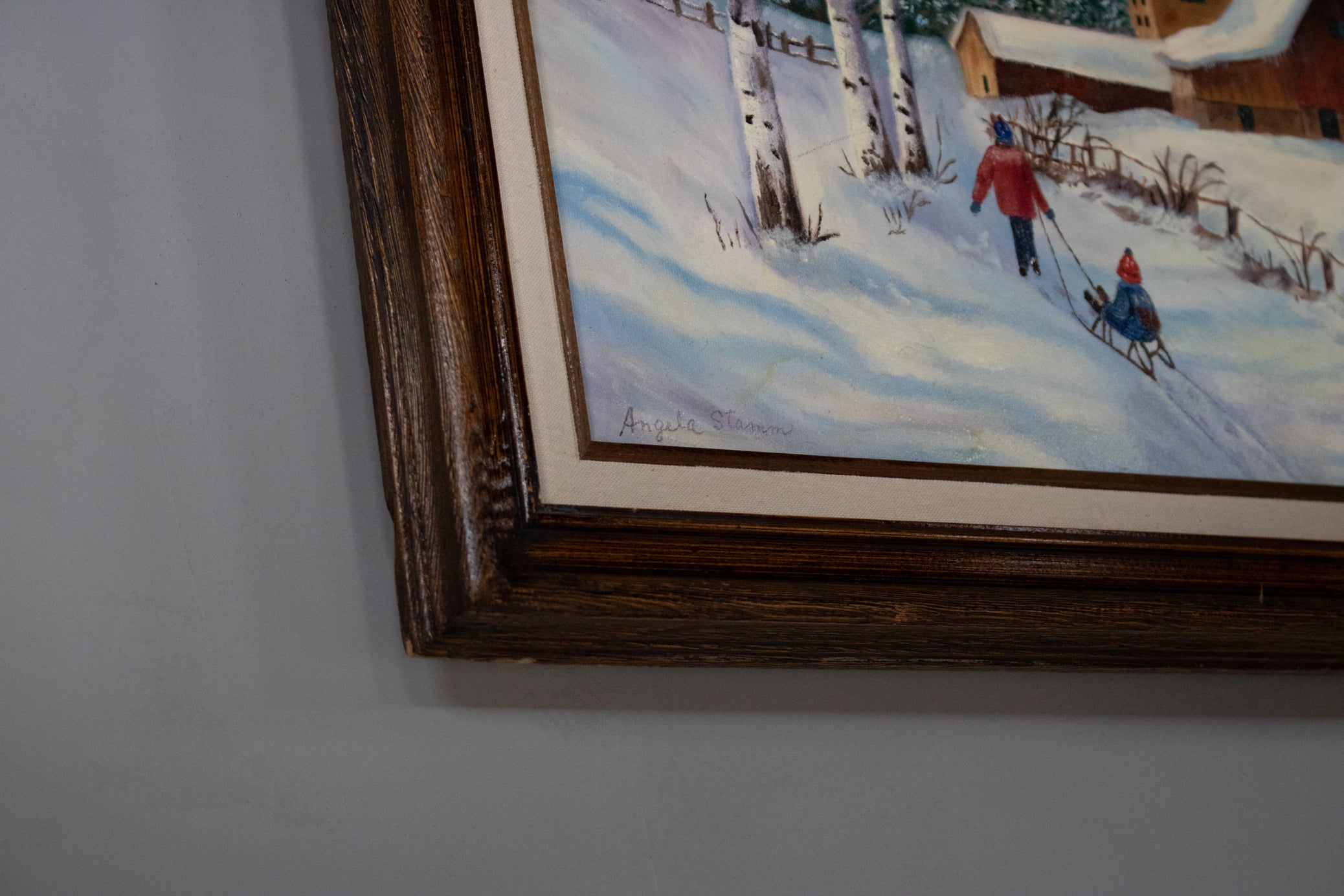 Hand Painted Art Kids Headed Home From Snow Sledding