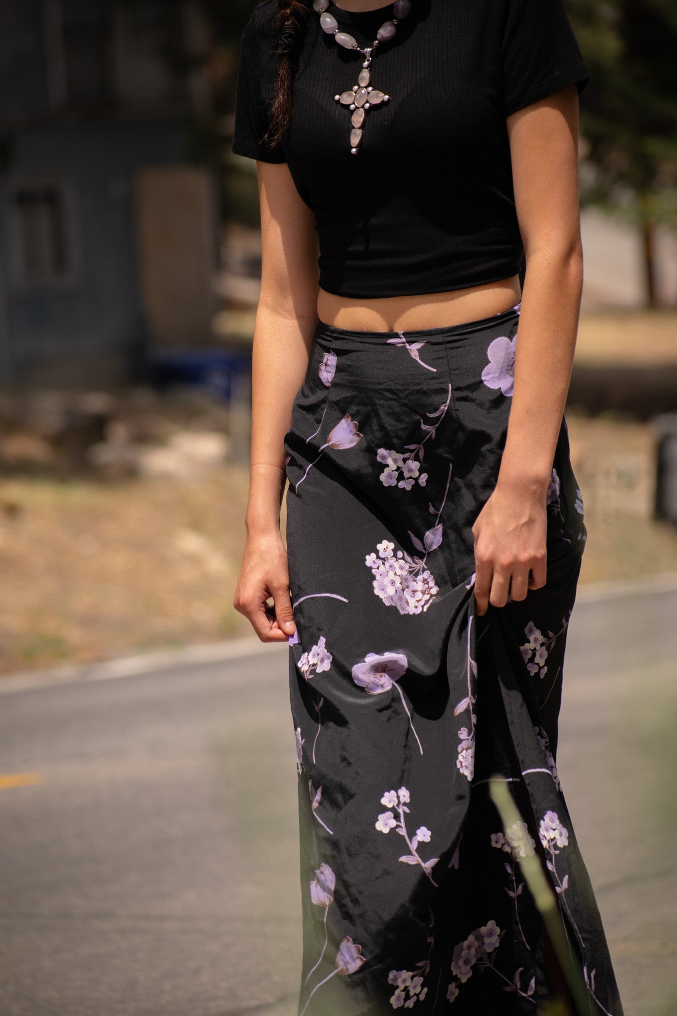 Just for Wraps by Wrappers Black Maxi Skirt with Light Purple Floral Design