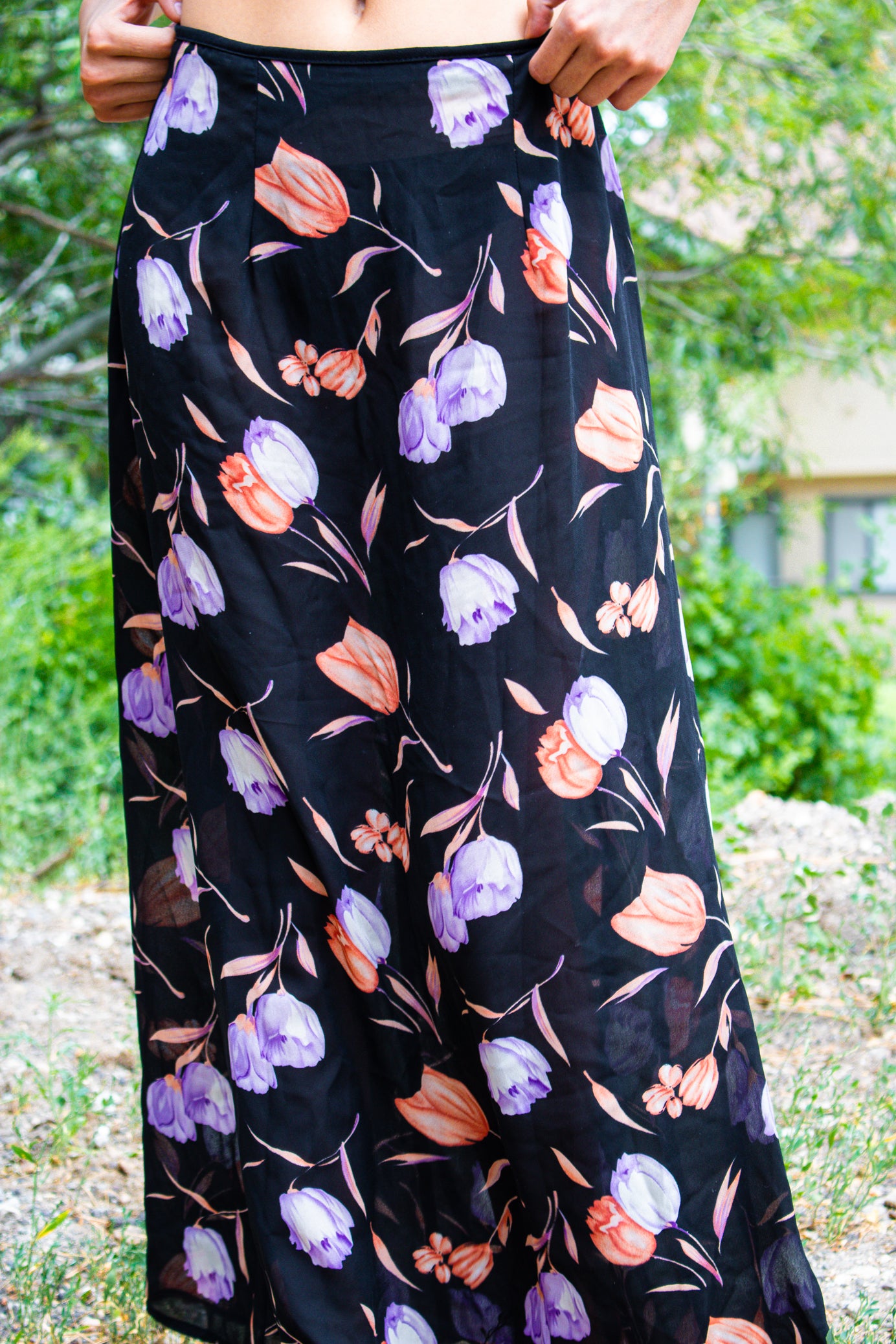 Sheer Black Skirt with Light Orange and Light Purple Floral Design