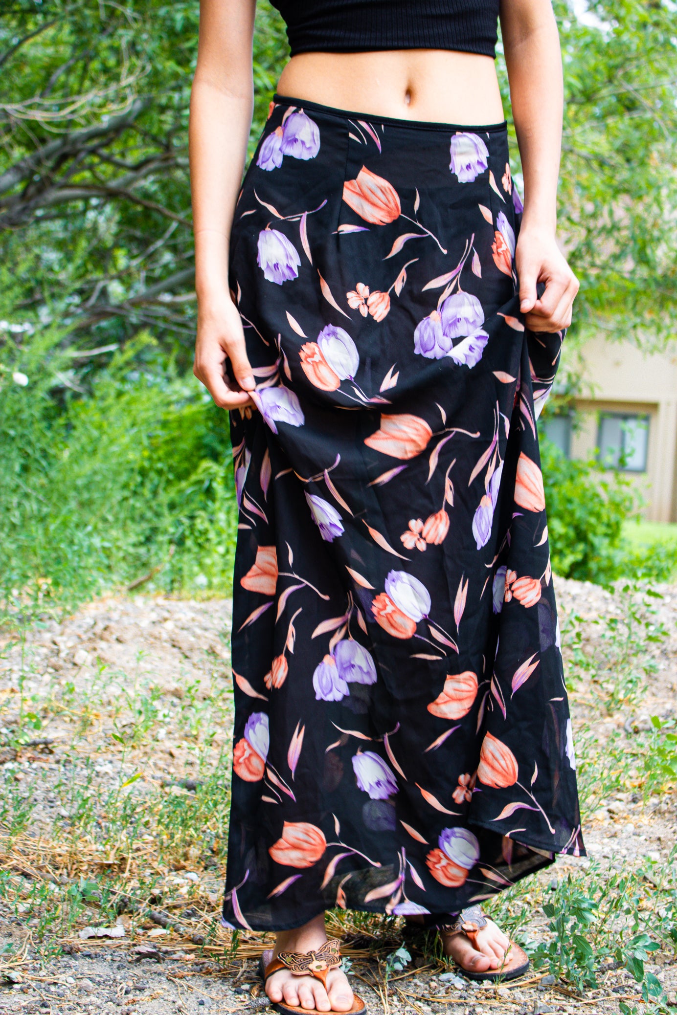 Sheer Black Skirt with Light Orange and Light Purple Floral Design