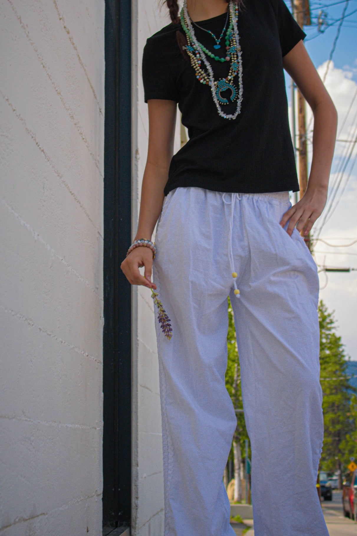 Seaspice Resort Wear 100% Peruvian White Cotton Flowy Pants Adjustable Waist Size Large