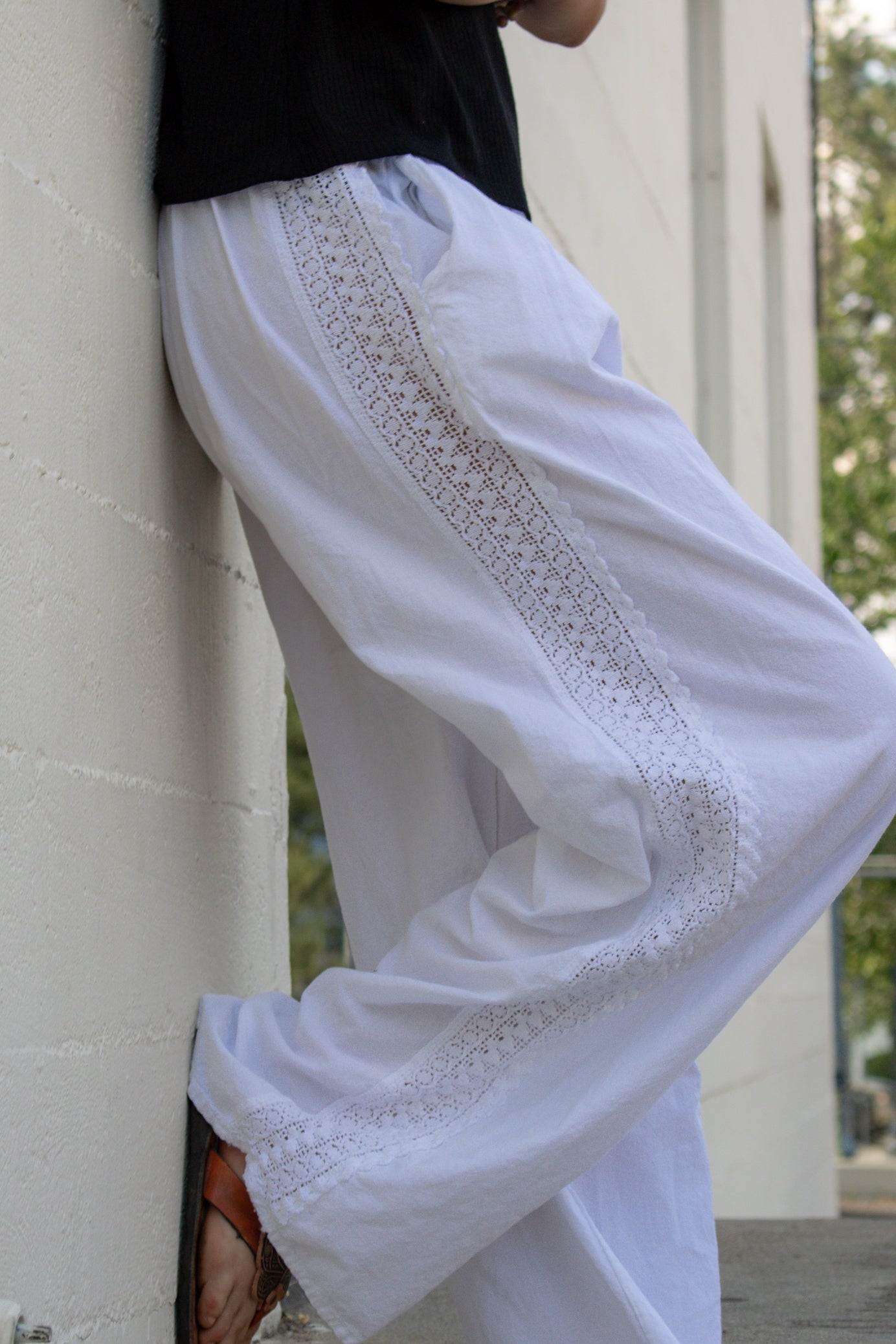 Seaspice Resort Wear 100% Peruvian White Cotton Flowy Pants Adjustable Waist Size Large