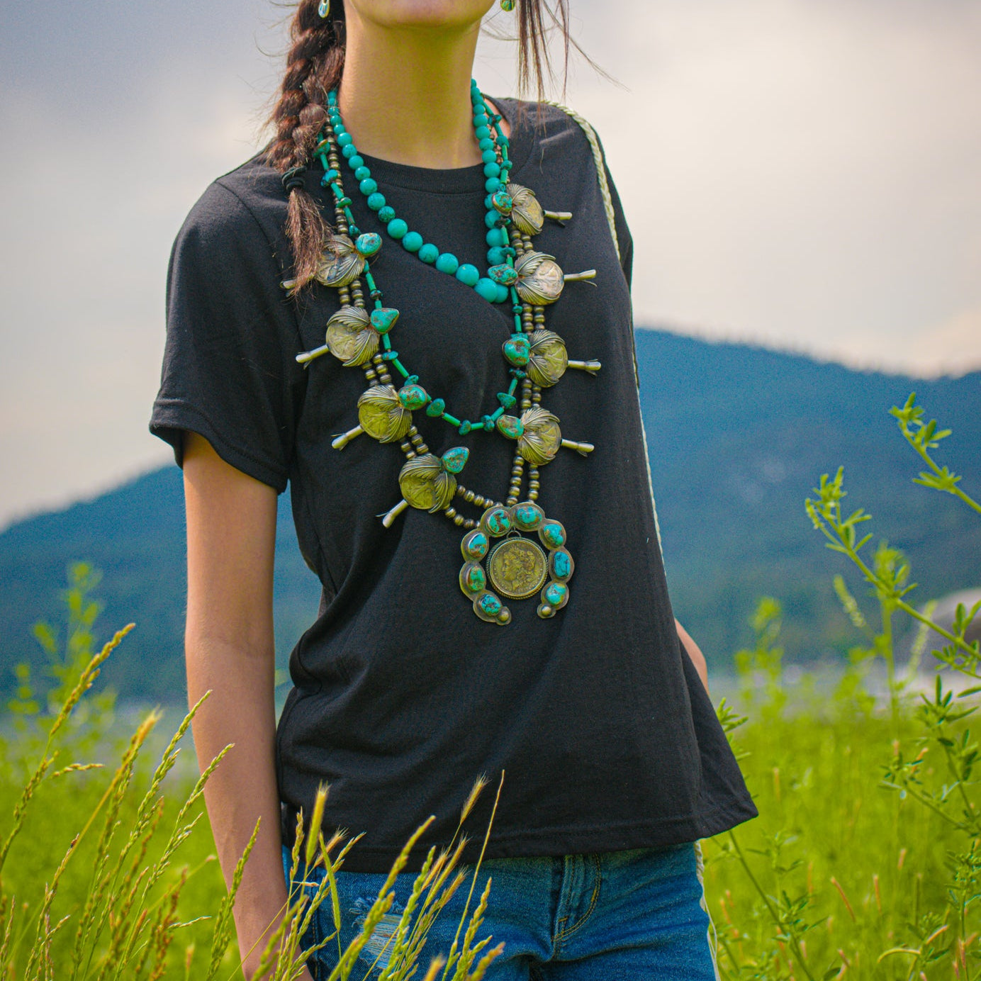 Vintage Native American Navajo Turquoise Sterling Silver Squash Blossom Necklace