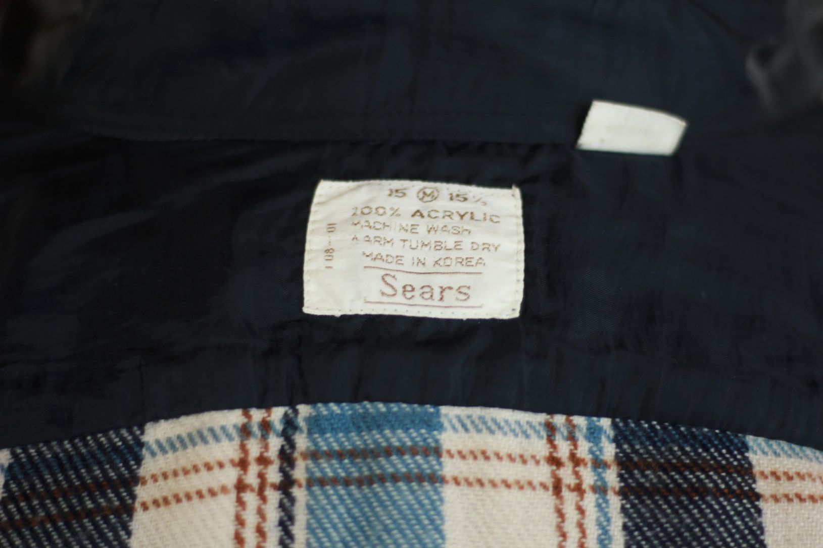 Sears 100% Acrylic Navy Blue, Light Blue, and Brown Plaid Flannel Button Up Men's M