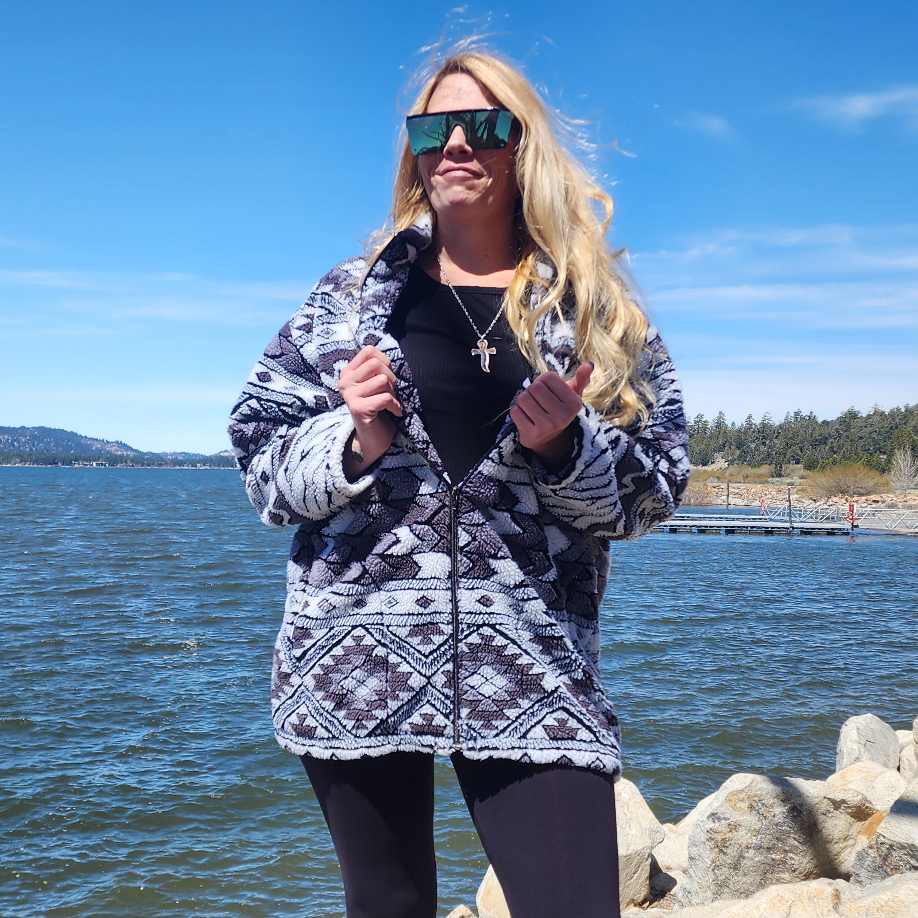 Seasons Aztec Pattern Black and White Fleece zip up jacket