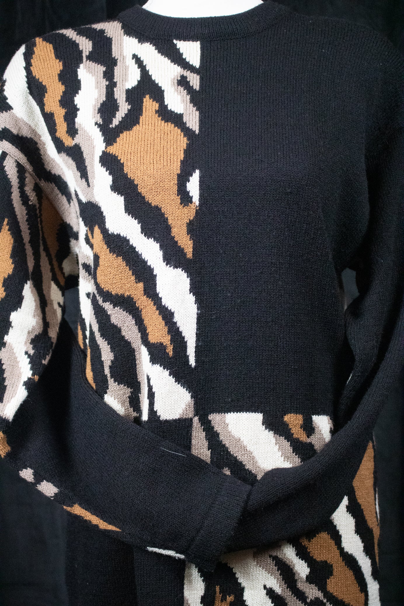 Anne Crimmins For Umi Collections Black/Brown/Tan/White Print Sweater Dress