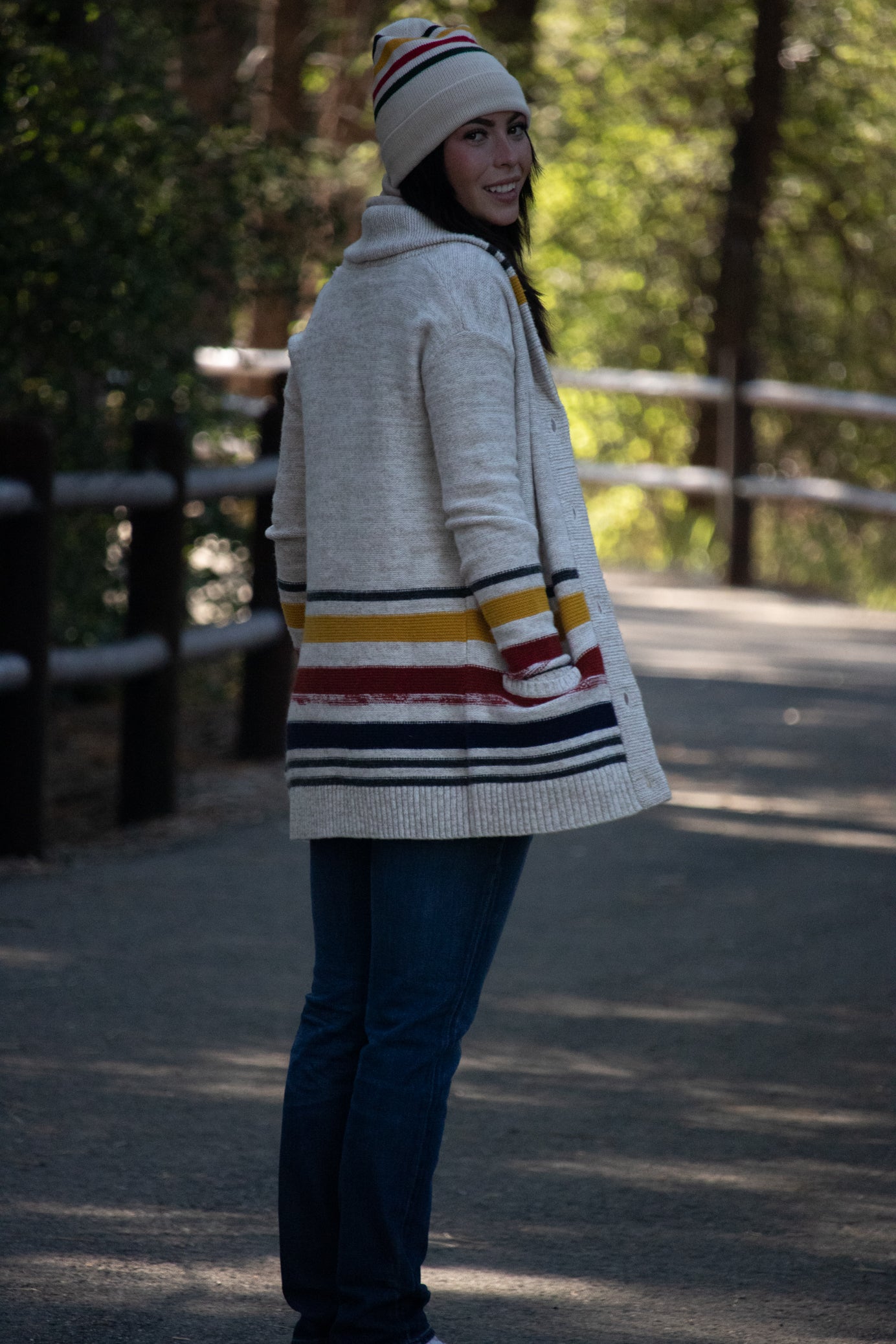 Pendleton Button up Cardigan Sweater Cream colored base with Blue, Yellow and Red strips size: XS