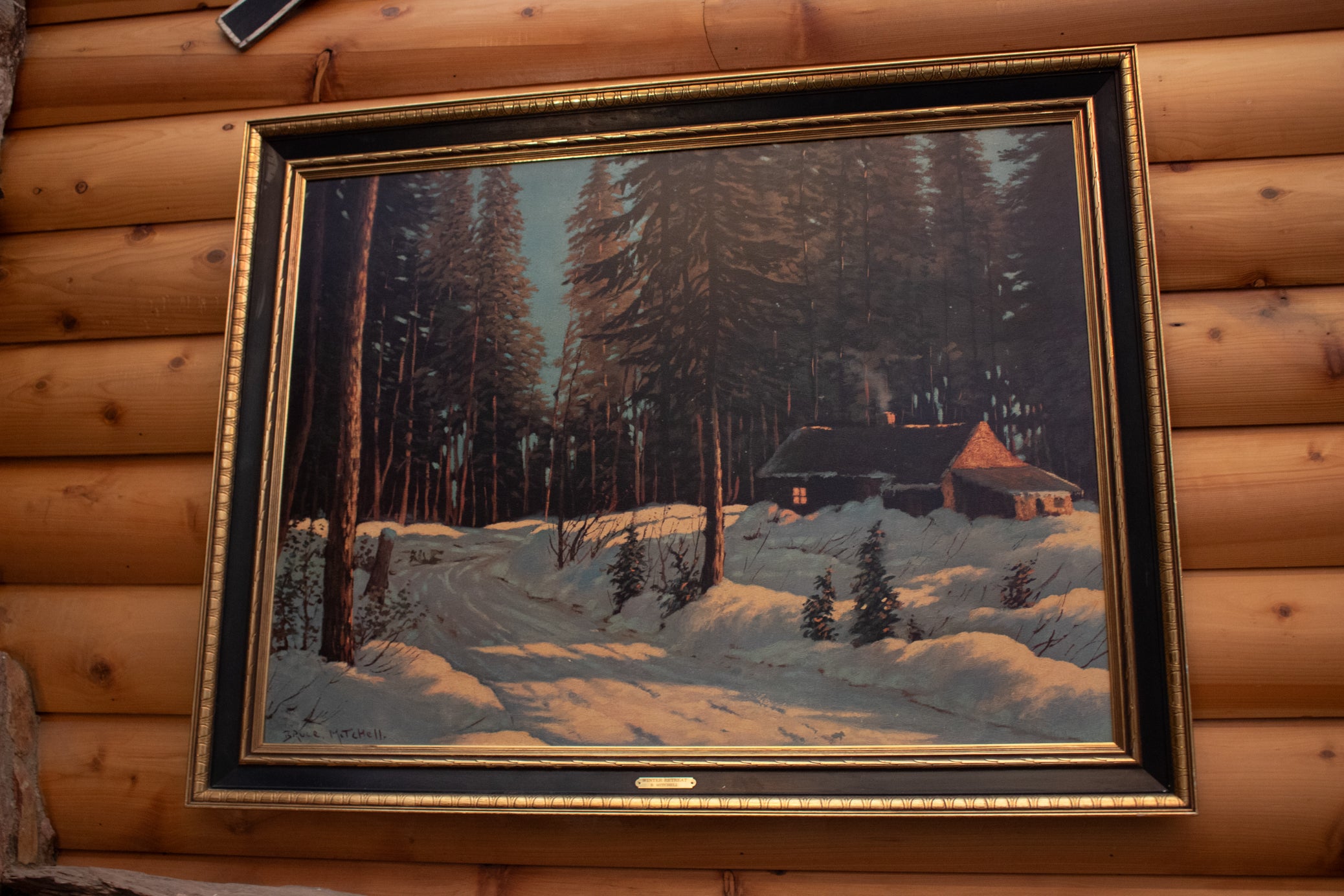 Framed Signed  Bruce Mitchell "Winter Retreat" Landscape Cabin in the Woods Painting