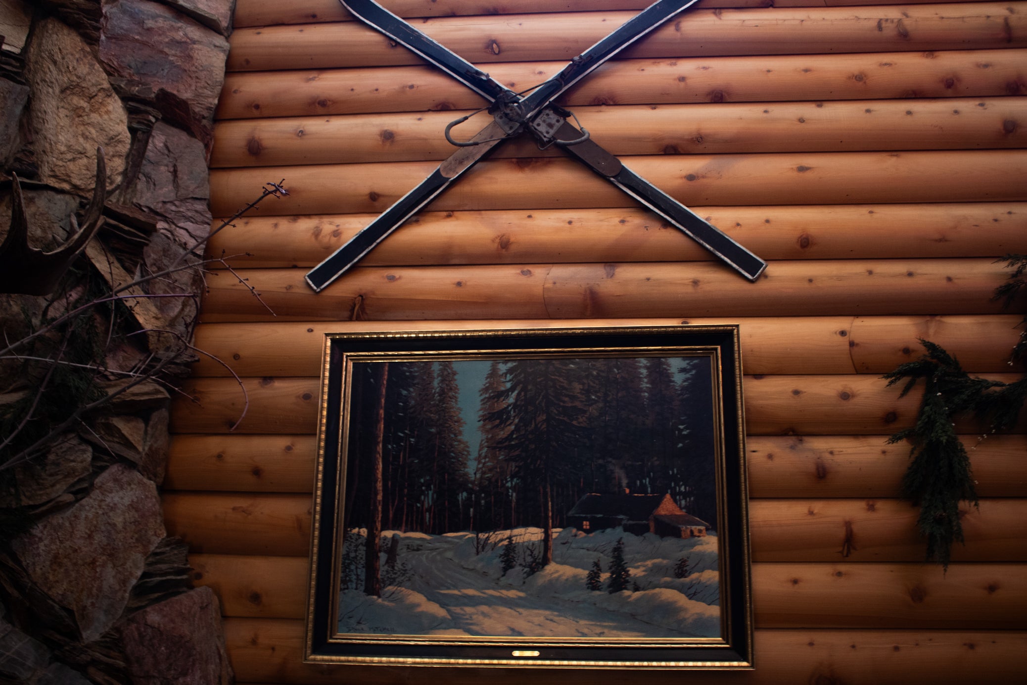 Framed Signed  Bruce Mitchell "Winter Retreat" Landscape Cabin in the Woods Painting