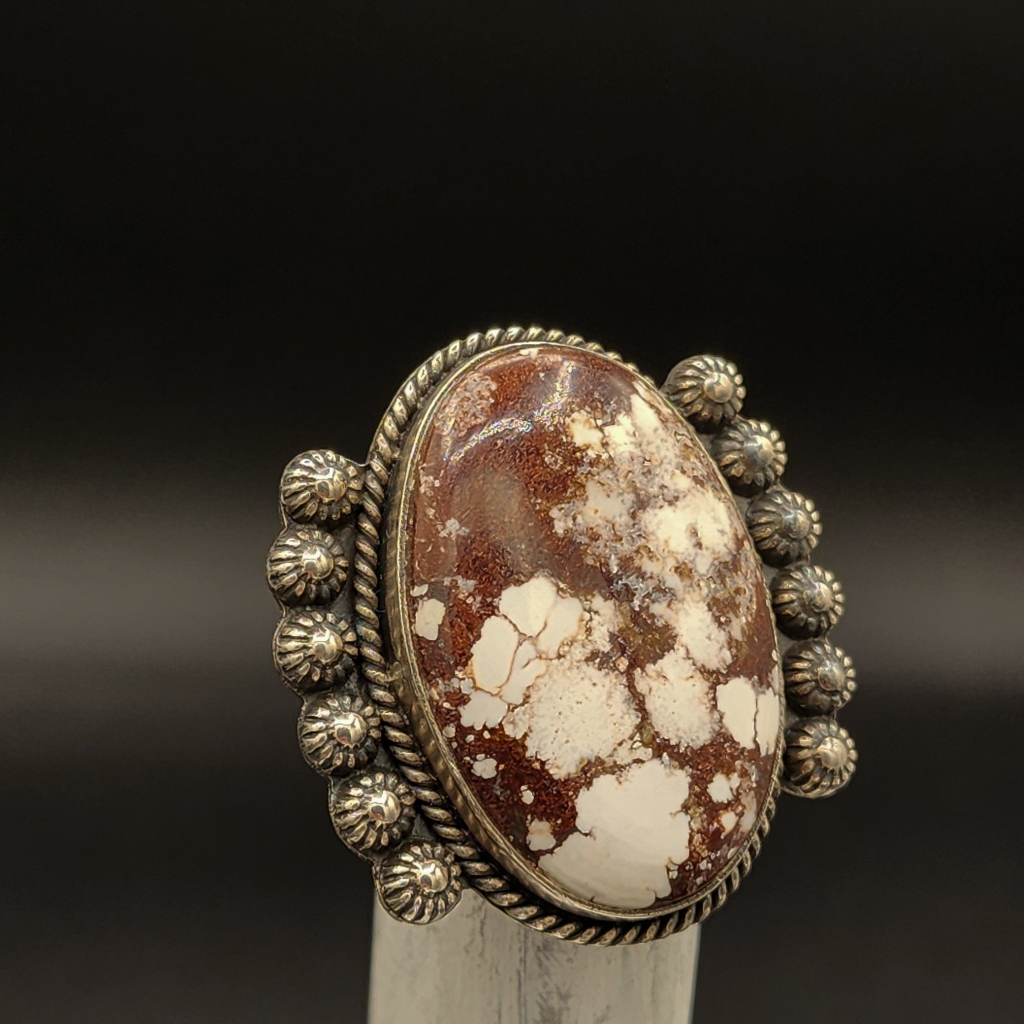 Large Natural Nevada White Hourse Jasper and Silver Ring Size 7