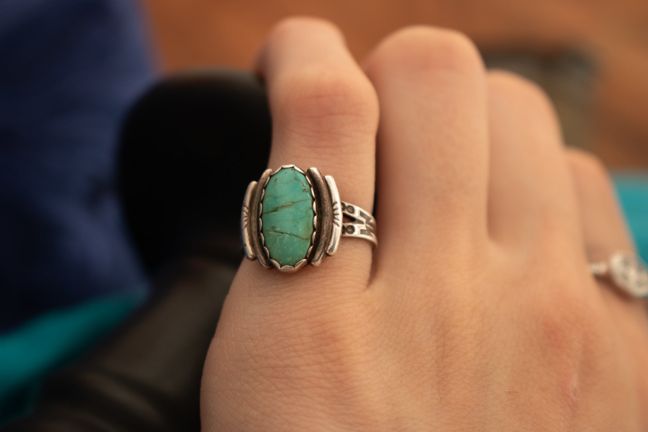 Vintage Navajo Sterling Silver Santa Rita Turquoise Gemstone Ring-Size 4